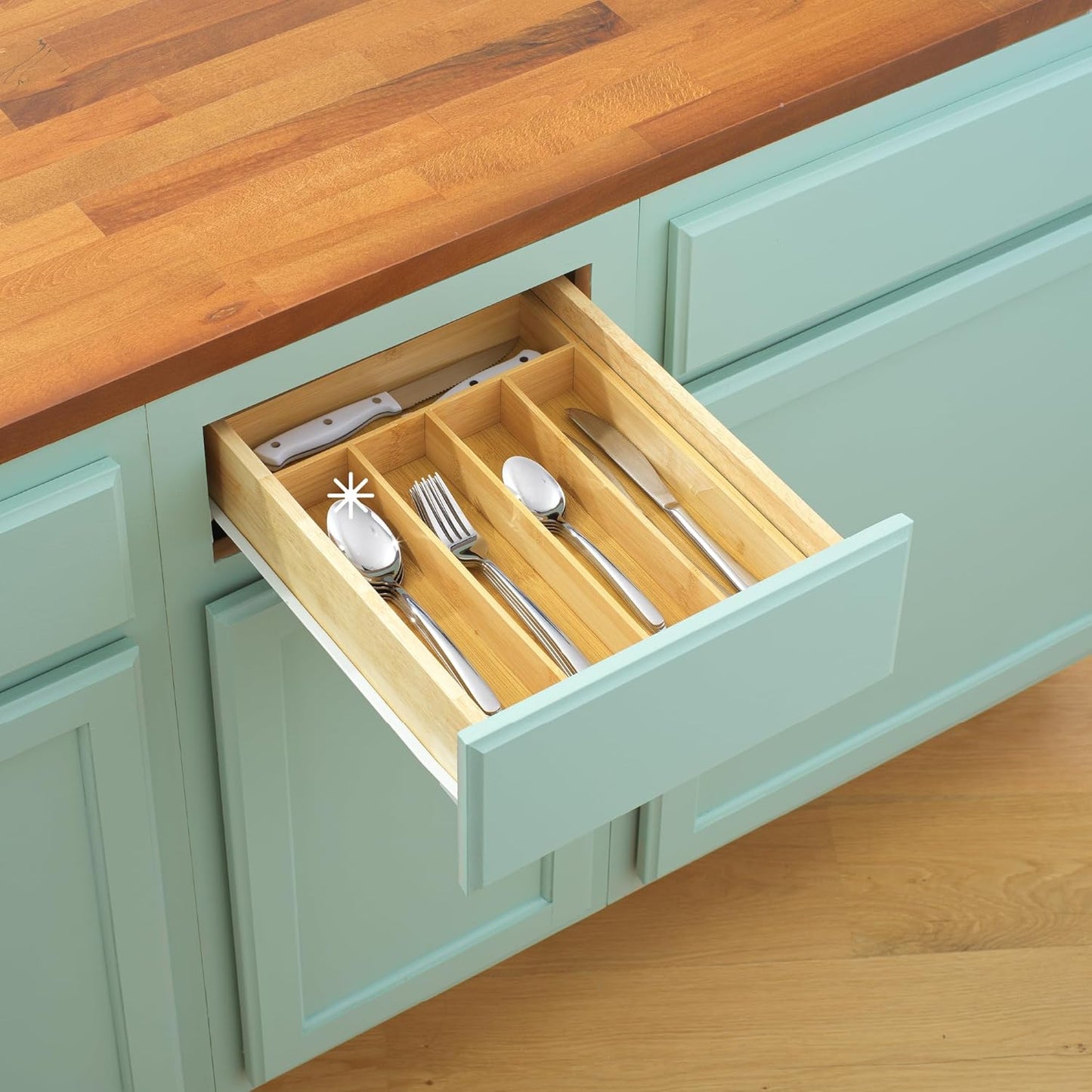 Bamboo Drawer Organizer for Kitchen Utensils, Drawer Divider for Large Cutlery and Silverware