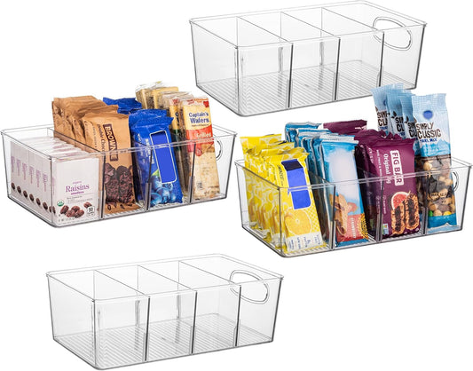 Plastic Pantry Bins with Removable Dividers - Kitchen Storage and Organization (4 Pack)