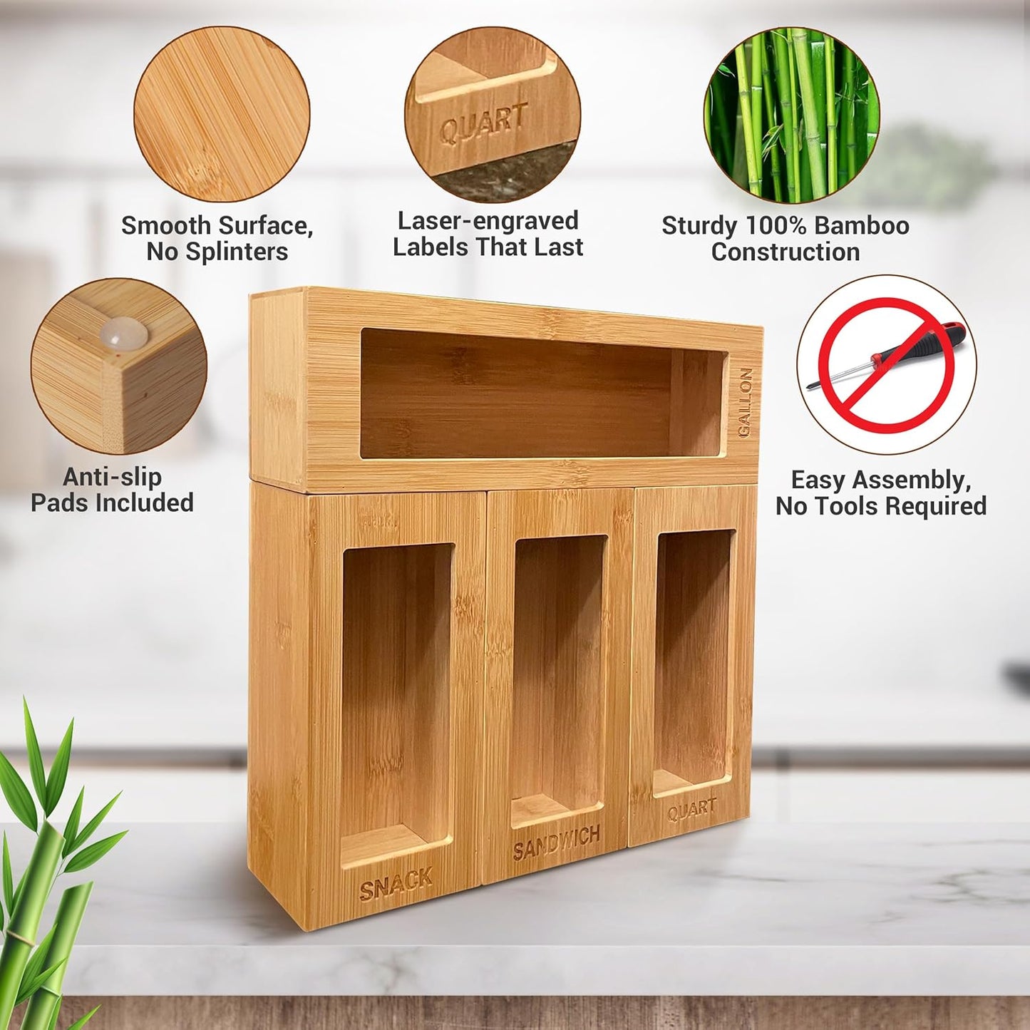 Storage Bag Organizer for Kitchen Drawer - Bamboo Baggie Organization Compatible with Gallon