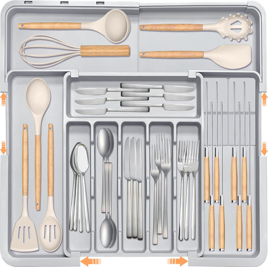 Silverware Drawer Organizer for Kitchen, Adjustable Utensil Drawer Organizer with 2 Knife Block