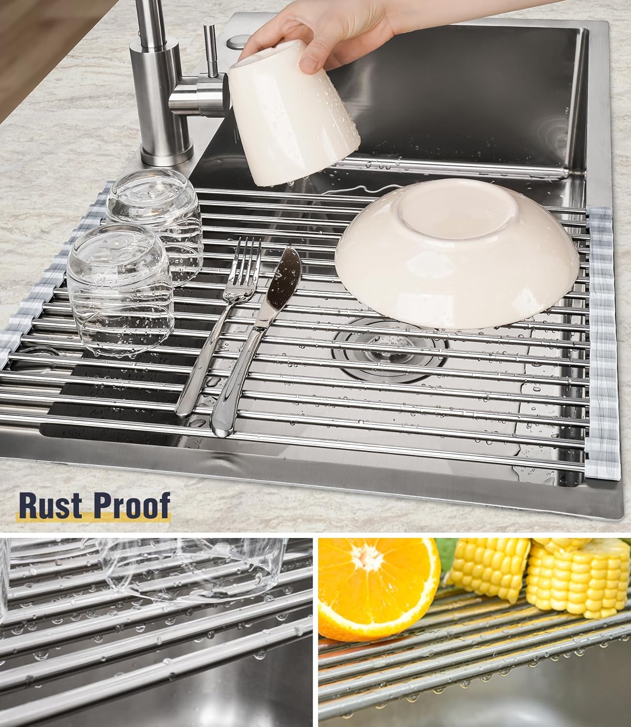 Stainless Steel Roll-Up Dish Drying Rack Marble Color Silicone Edges