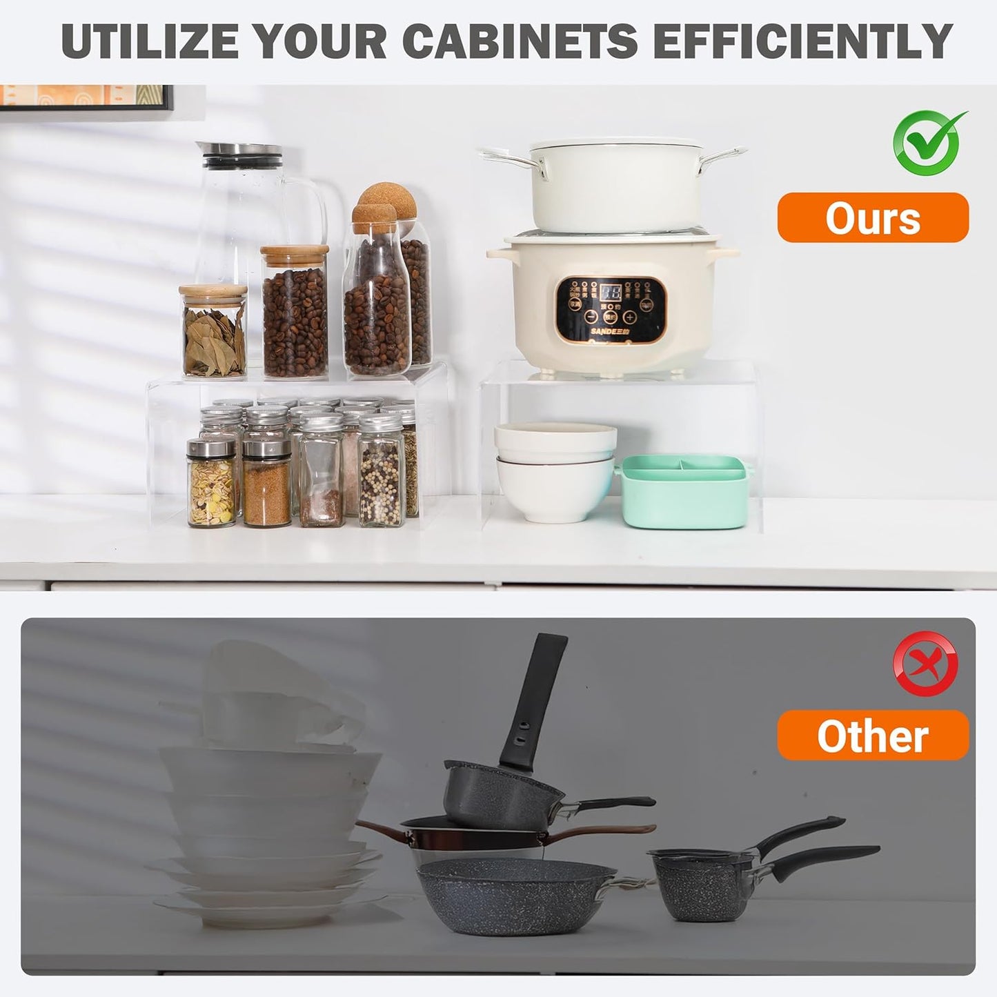 Acrylic Kitchen Cabinet Organizer Shelf, Spice Rack, Plate and Cupboard Storage Riser