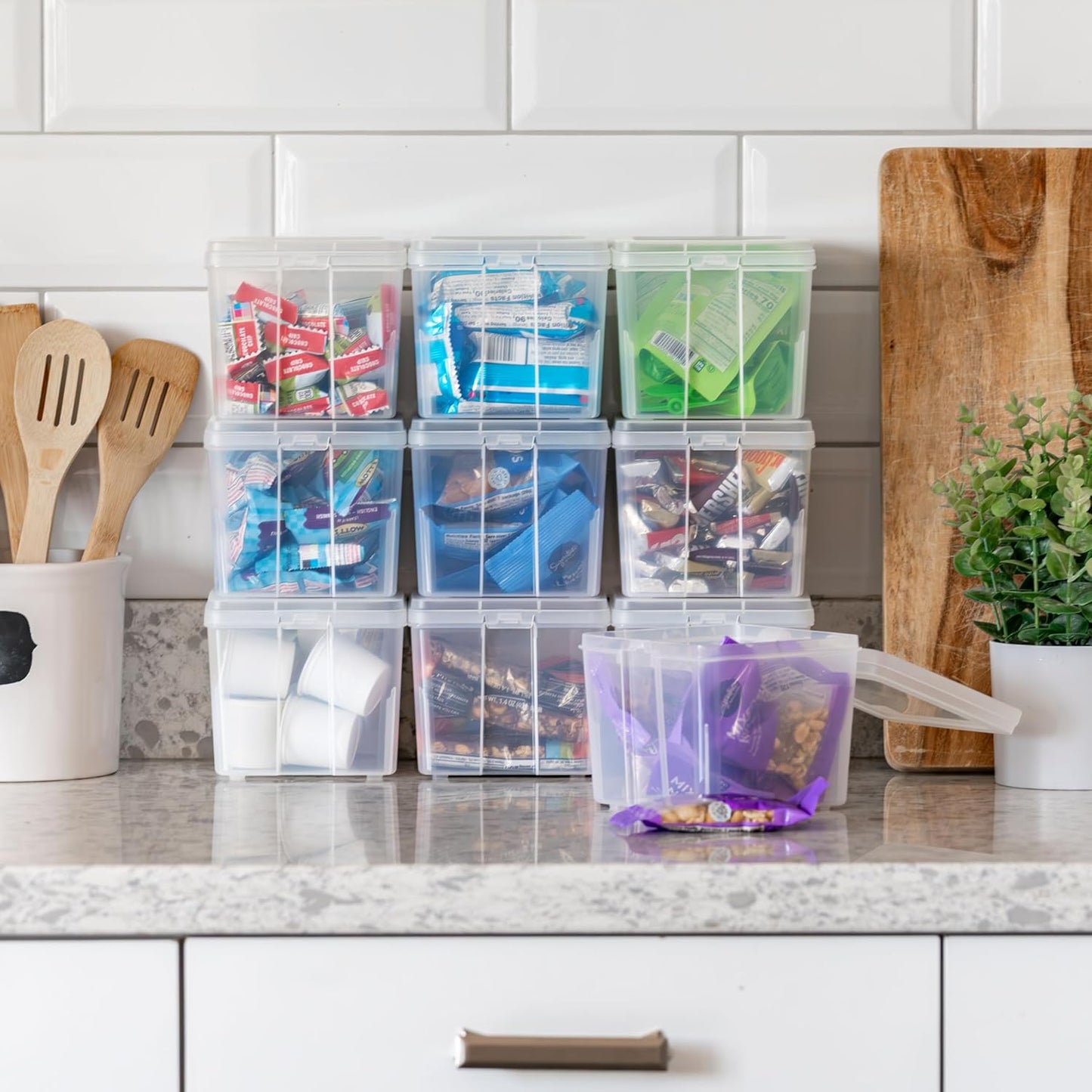 Vertical Plastic Flip Top Storage Containers Bins with Lids for Pantry, Home, Office, Organization