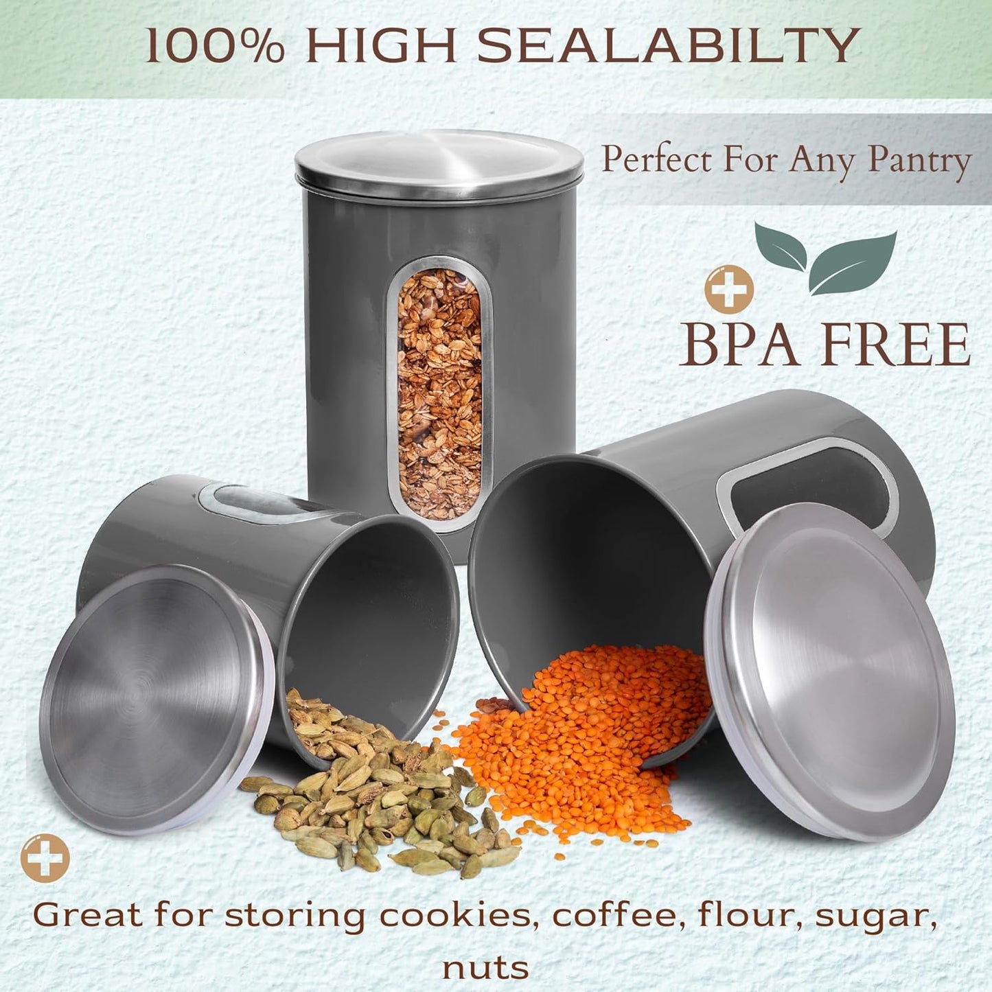 3-Piece Gray Canisters Sets For The Kitchen, Airtight Canister Set With See Through Window
