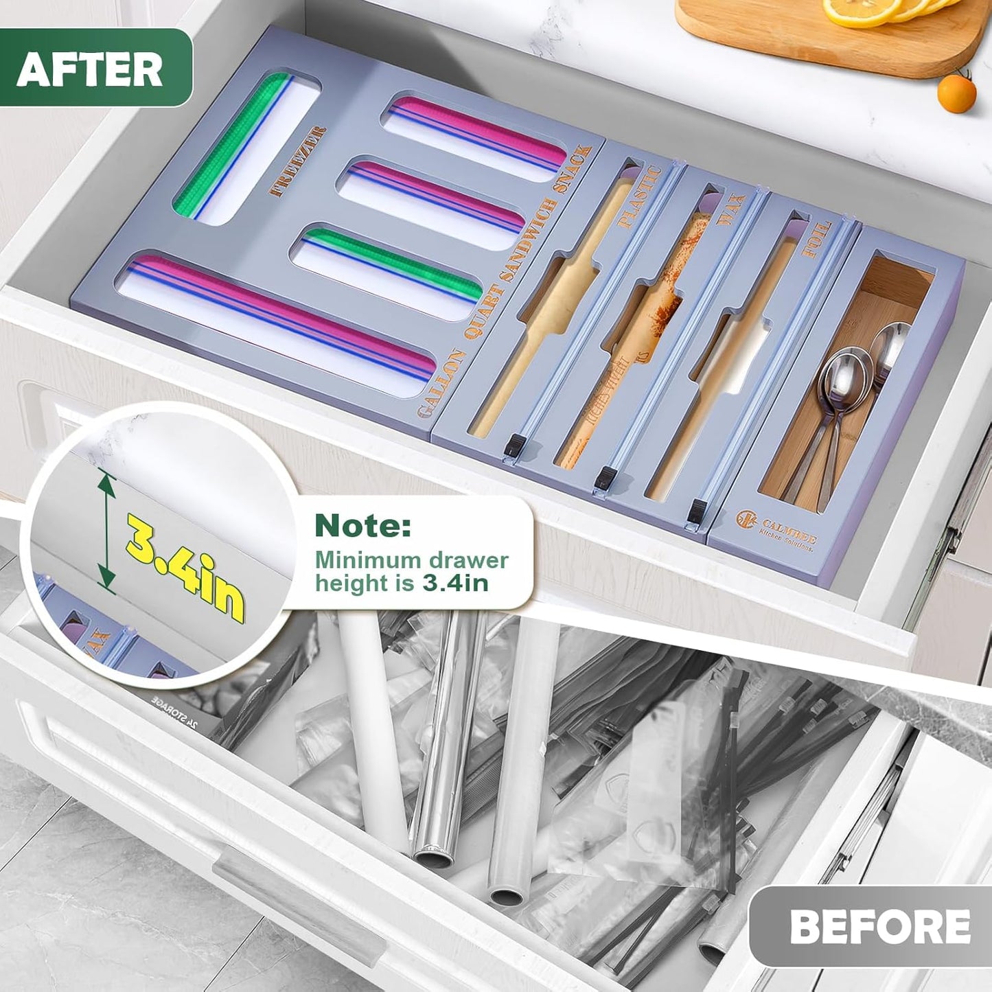 9 in 1 Bamboo Storage Bag Organizer for Kitchen Drawer – Plastic Wrap Dispenser with Cutter & Foil Organizer, Wooden Baggie Organizer for Sandwich, Snack, Gallon, Quart Sizes, Grey