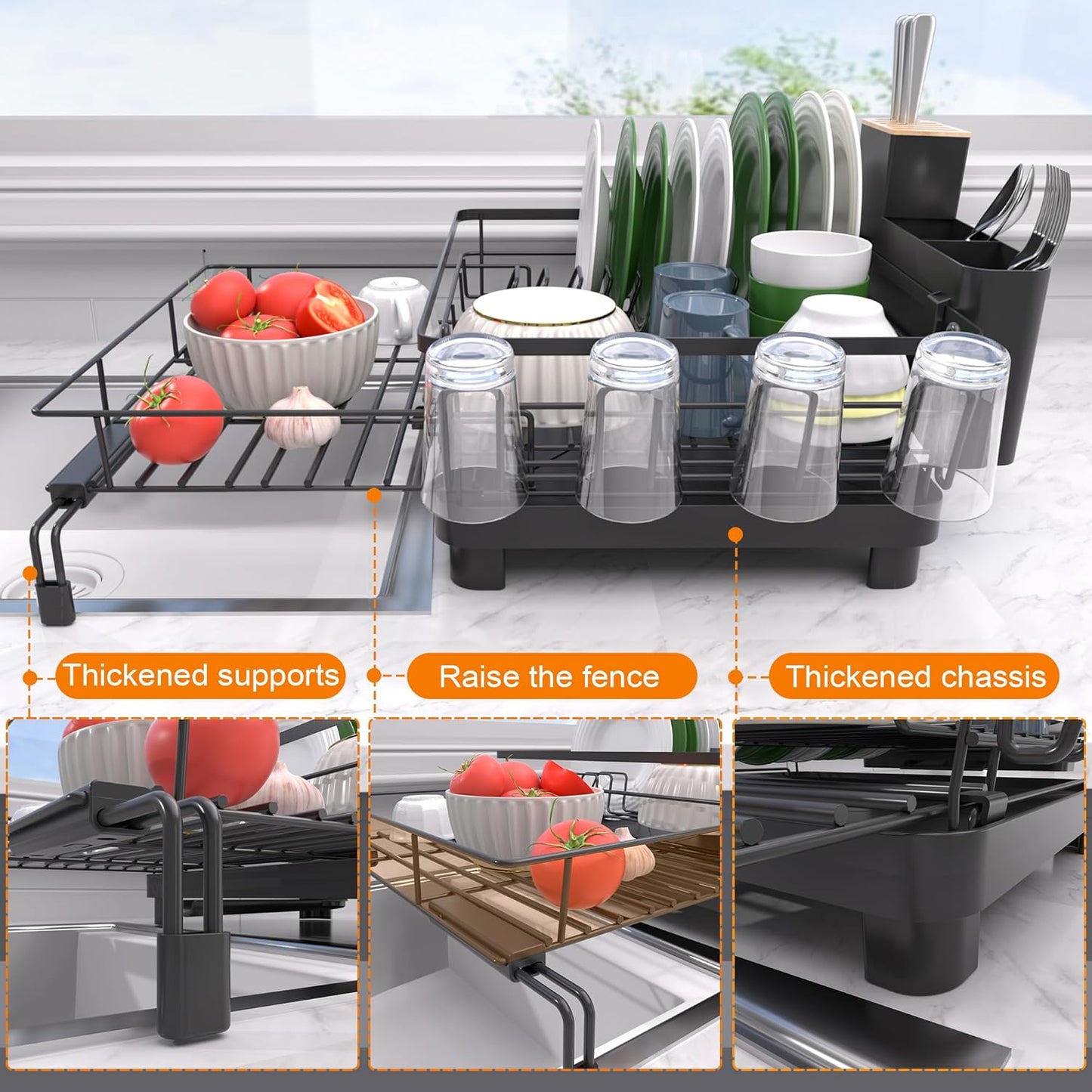 Dish Drying Rack - Expandable Dish Rack, Large Drying Dish Drainer Over Sink with Drainboard