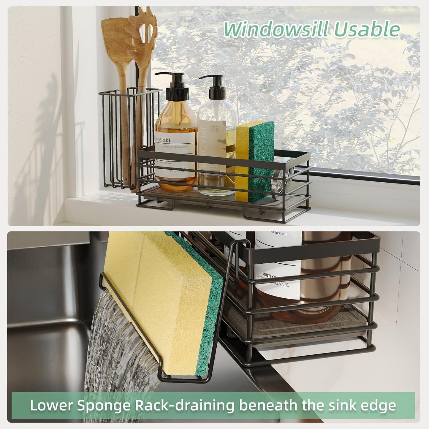 Sponge Holder for Kitchen Sink, Sink Caddy with Instant Drying Mat & Hook
