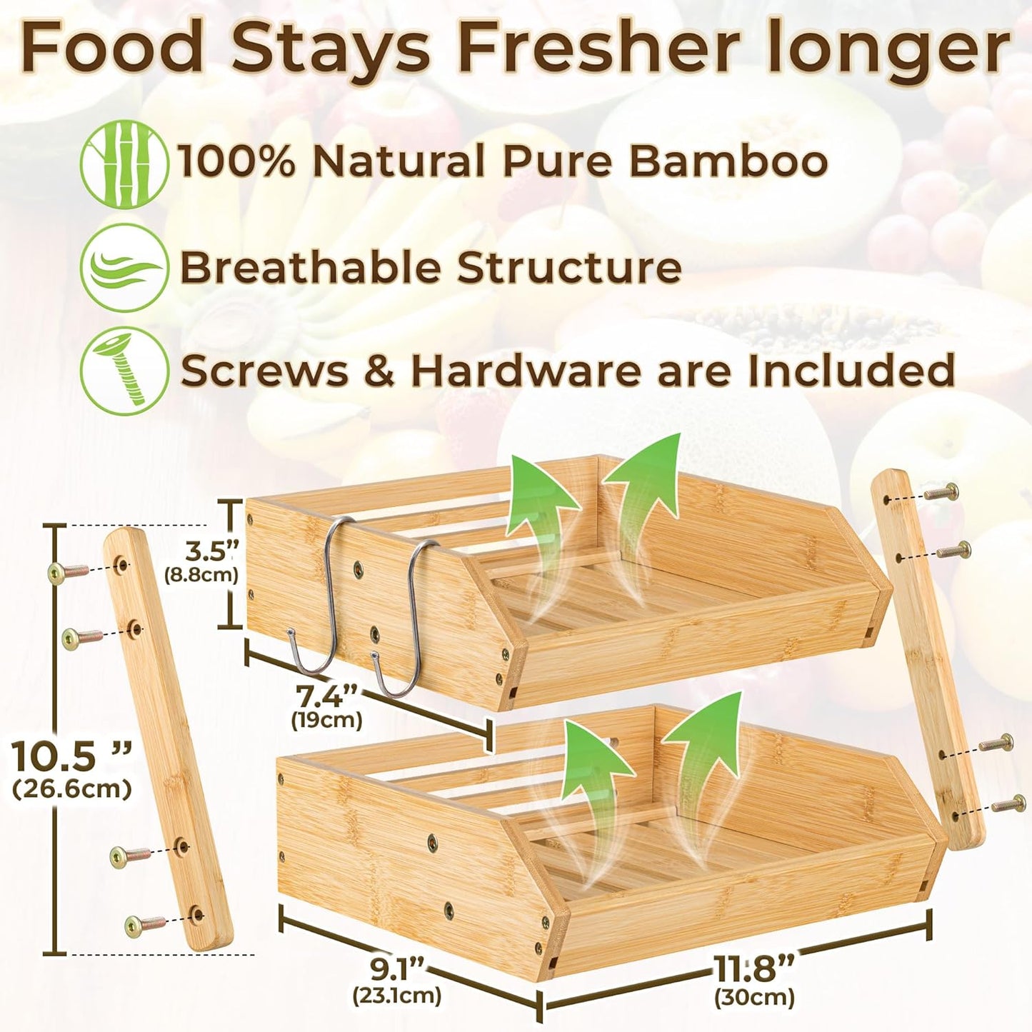 Fruit Basket with Banana Hanger - 2-Tier Bamboo Fruit & Vegetable Storage Organizer for Kitchen Counter - Lightweight & Easy Assembly - Countertop Stand Holder Bowl with Screws