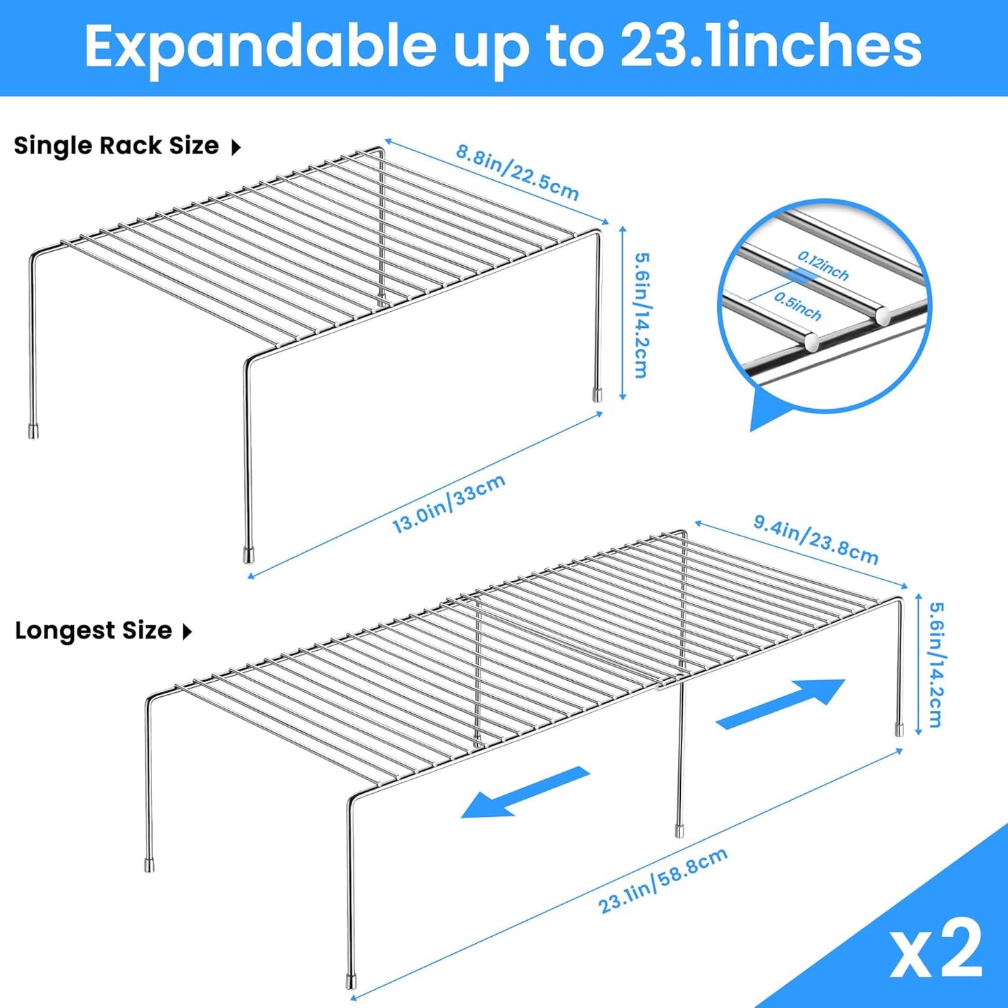 Stainless Steel Expandable Kitchen Storage Organizer Spice Rack Cabinet Organization Heavy-Duty Rustproof Shelf, Adjustable Durable Rack Space Saving Countertop Drawer Cabinet Pantry (2)