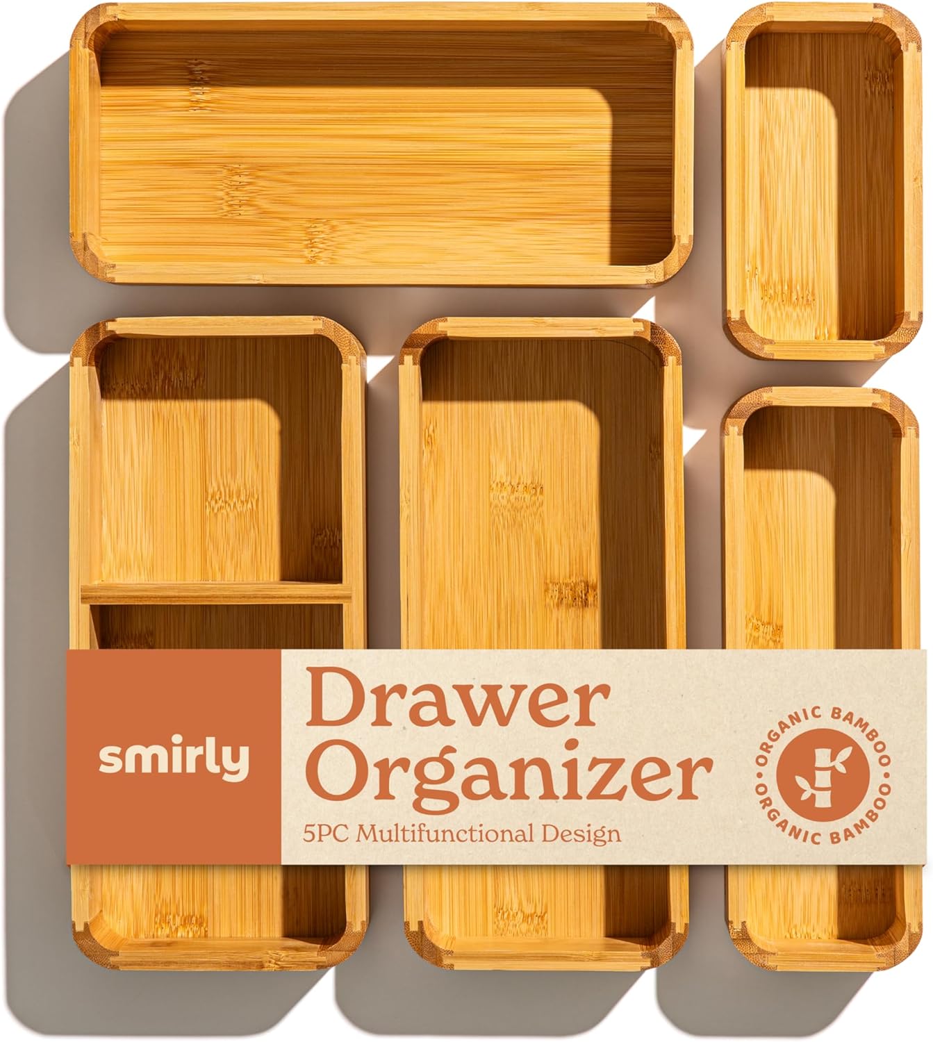 5-Piece Bamboo Kitchen Drawer Organizer Set for Large and Small Utensils