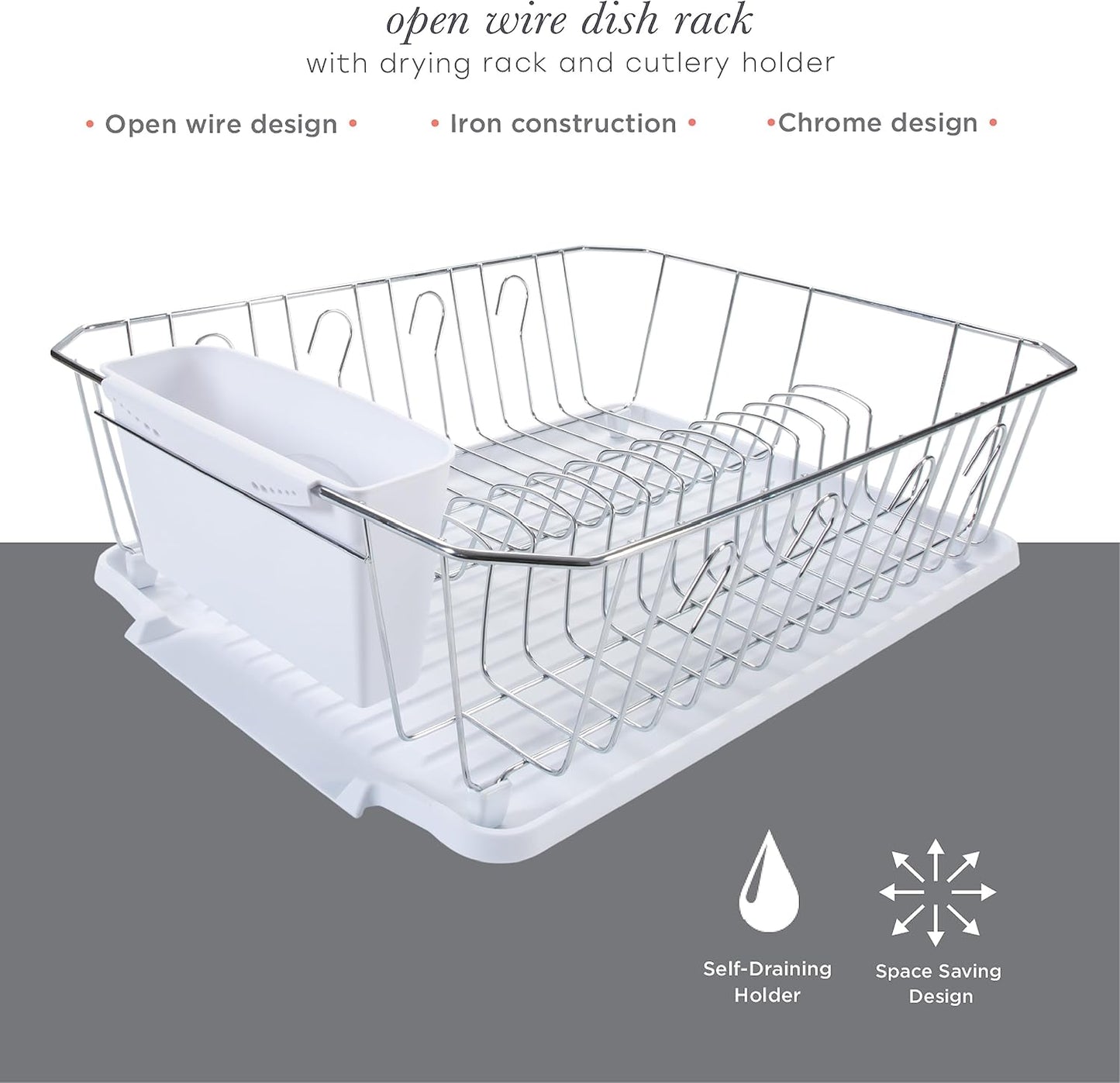 3 Piece Dish Rack | Drying Rack, Cutlery Basket & Drainboard Tray | Countertop | Self Draining | Open Wire Design | Chrome | White