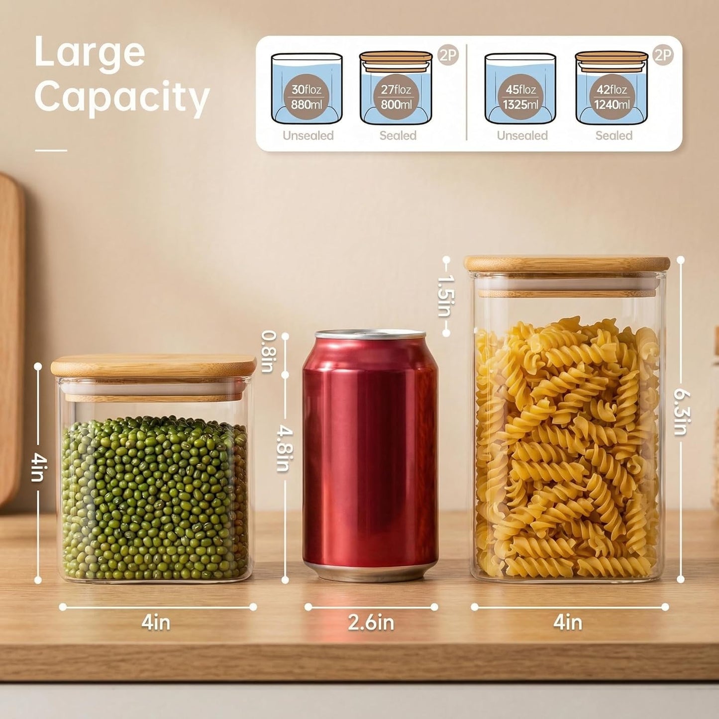 42oz & 27oz - 4 Pack Square Glass Jars with Bamboo Lids