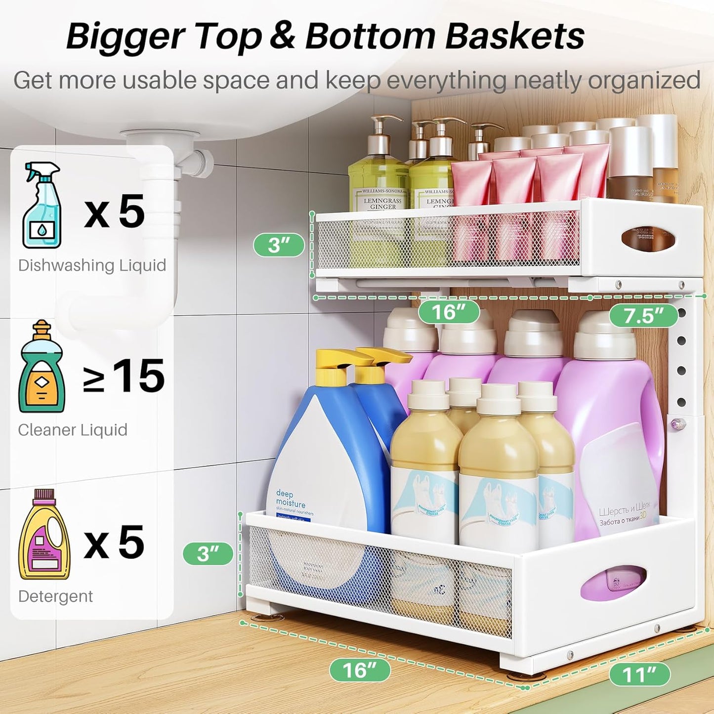 Under Sink Organizer, 2-Pack Pull Out Cabinet Organizer 2 Tier Metal Slide Out Storage Shelf Rack