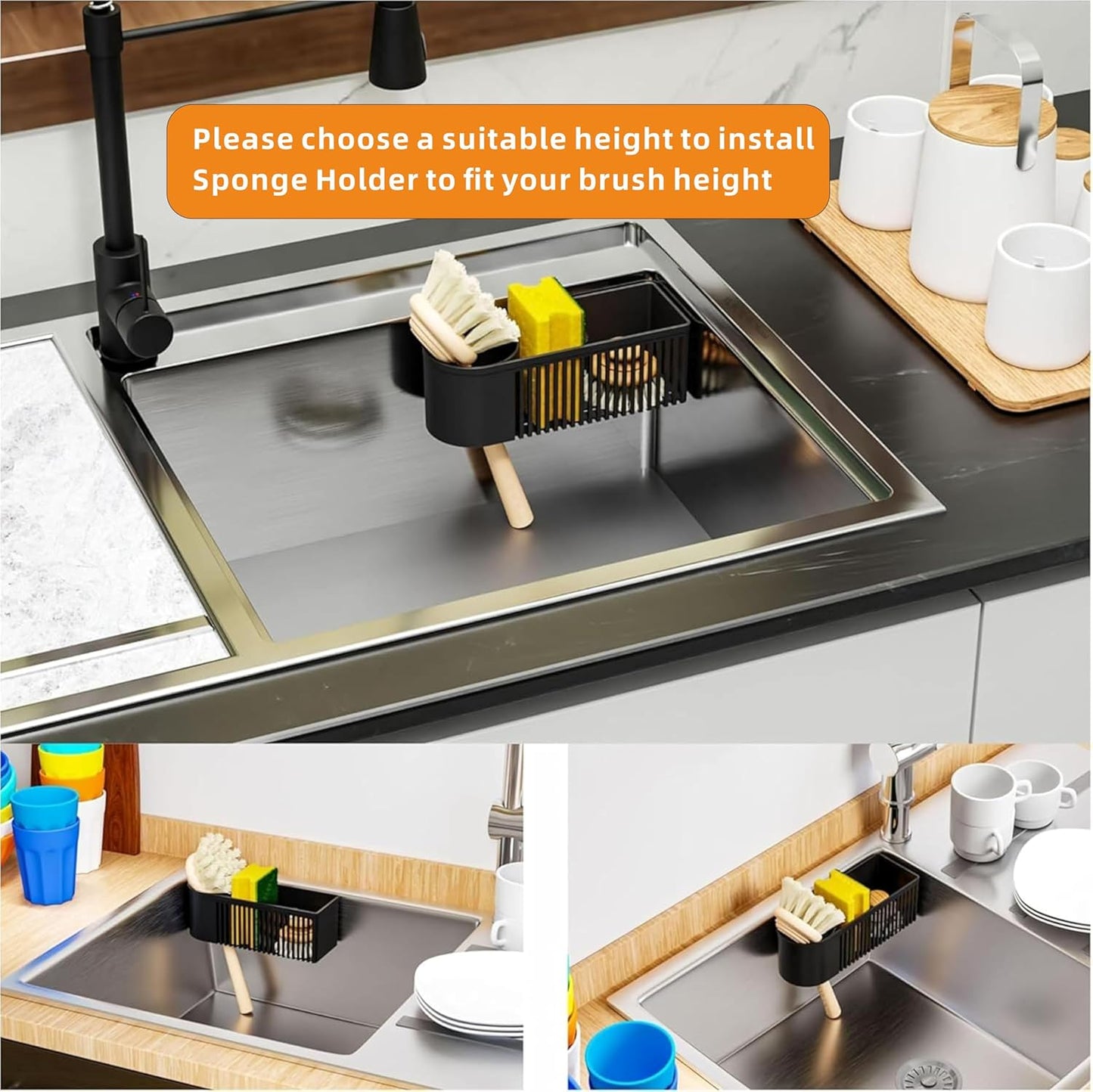 Rustproof Sponge Holder for Kitchen Sink,2-in-1 Dish Wand Holder with Suction Cup and Adhesive for Scrub Brush,Scrubber,Dish Sponge,Spinge Holder,In Sink Organizer & Basket Accessories,Plastic