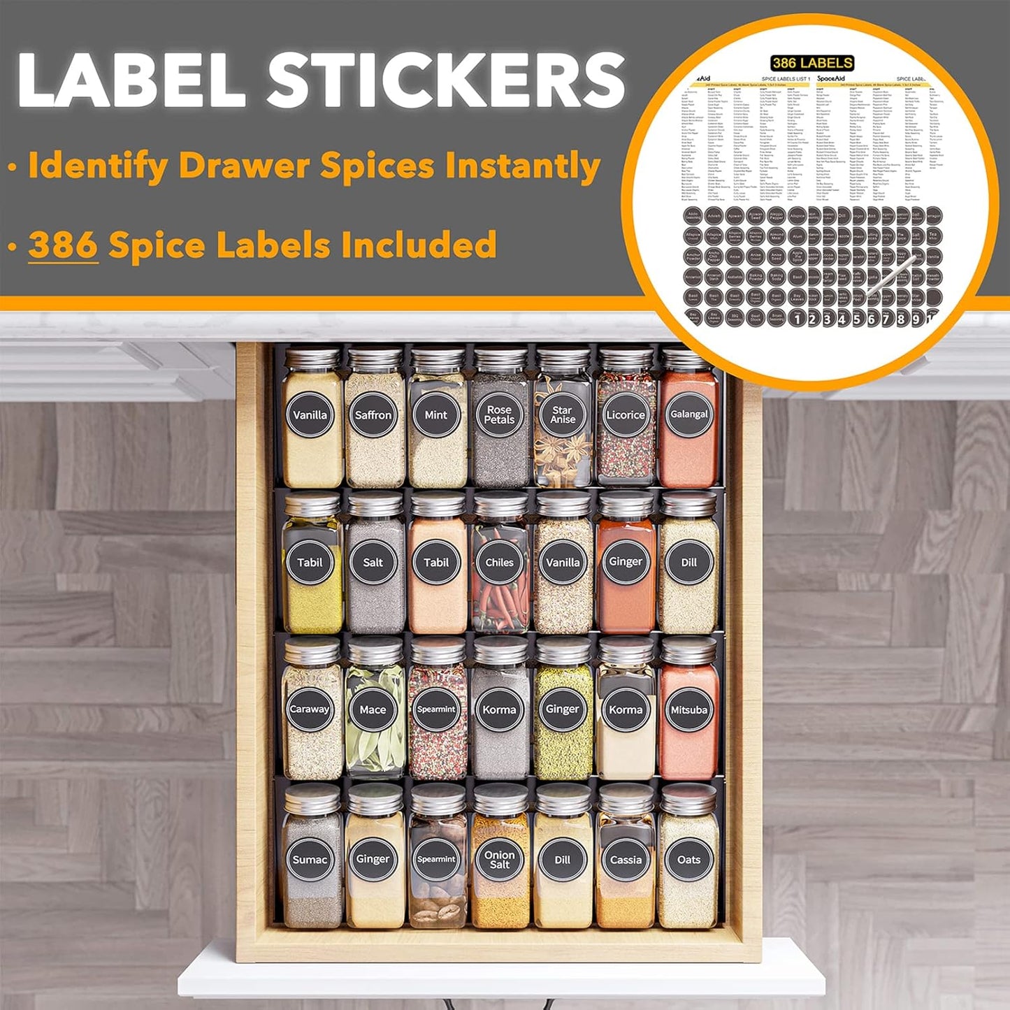 Spice Drawer Organizer with 28 Spice Jars, 386 Spice Labels