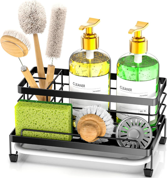 Large Black Sponge Holder for Kitchen, Sink Caddy Sink Organizer Rack for Kitchen Accessories with Drip Tray, Rustproof and Non-slip, Soap Dispenser Countertop Organizer Essentials for New Home