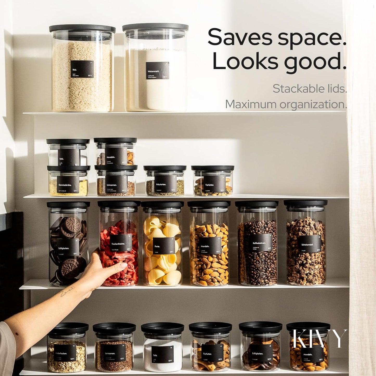 Airtight Glass Jars with Lids & Labels [3x 40oz] Stackable Glass storage jars with airtight lids