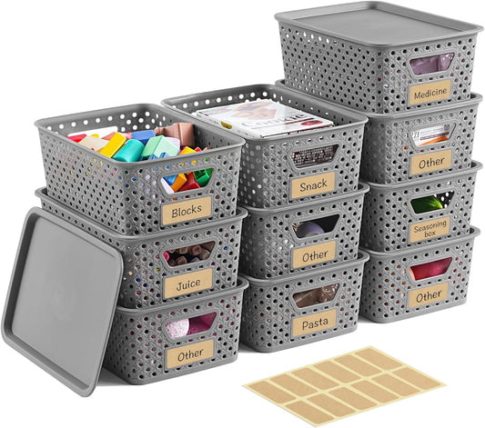 10 Pack Plastic Storage Bins with Lids, Stackable Plastic Storage Baskets for Organizing with Handles, Organizer Bins with Labels for Room, Craft, Containers for Pantry Organizers and Storage, Grey