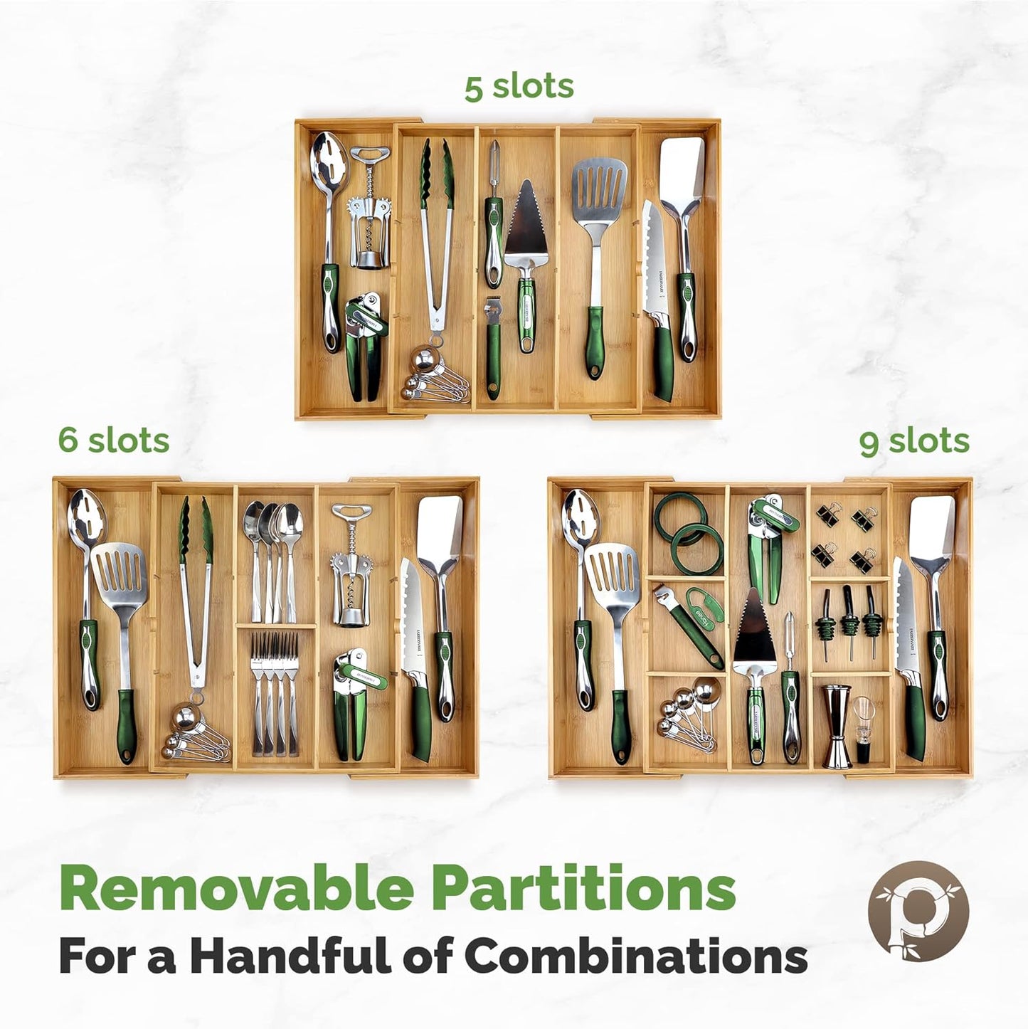 Expandable Drawer Organizers for Kitchen - Extra Deep Non-Slip 17” x 14.6” (expands up to 25 inches) - Dark Wooden Silverware Divider (10 Compartments) – Organize Cooking Utensils