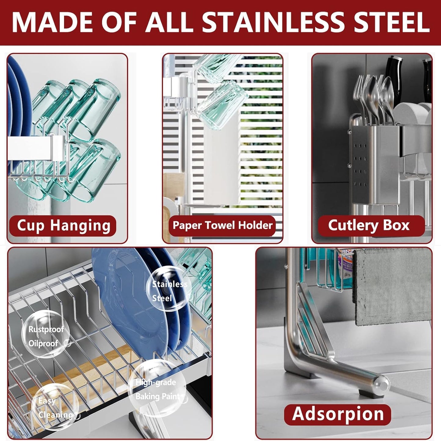 Over Sink Dish Drying Rack, 2 Tier Full Stainless Steel Storage Adjustable Length (25.98'' to 36.61'') Kitchen Rack, Multifunctional Expandable Counter Organizer, Space Saver Dish Rack