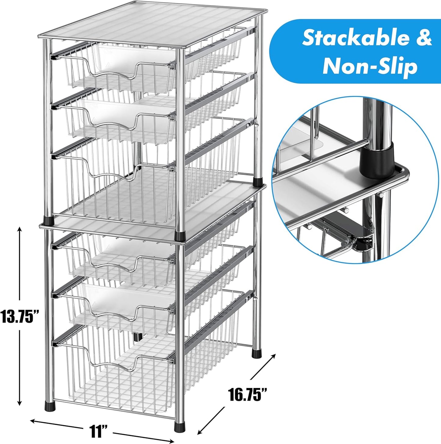 Stackable 3 Tier Sliding Basket Organizer Drawer, Chrome