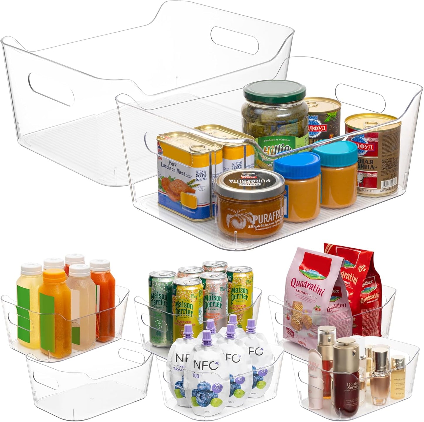 Set of 8 Clear Plastic Storage Bins, 2 Extra Large and 6 Small Storage Containers for Pantry Organization, Multi-Use Organizer Bins for Home, Kitchen, Cabinet, Bathroom, Fridge & Freezer