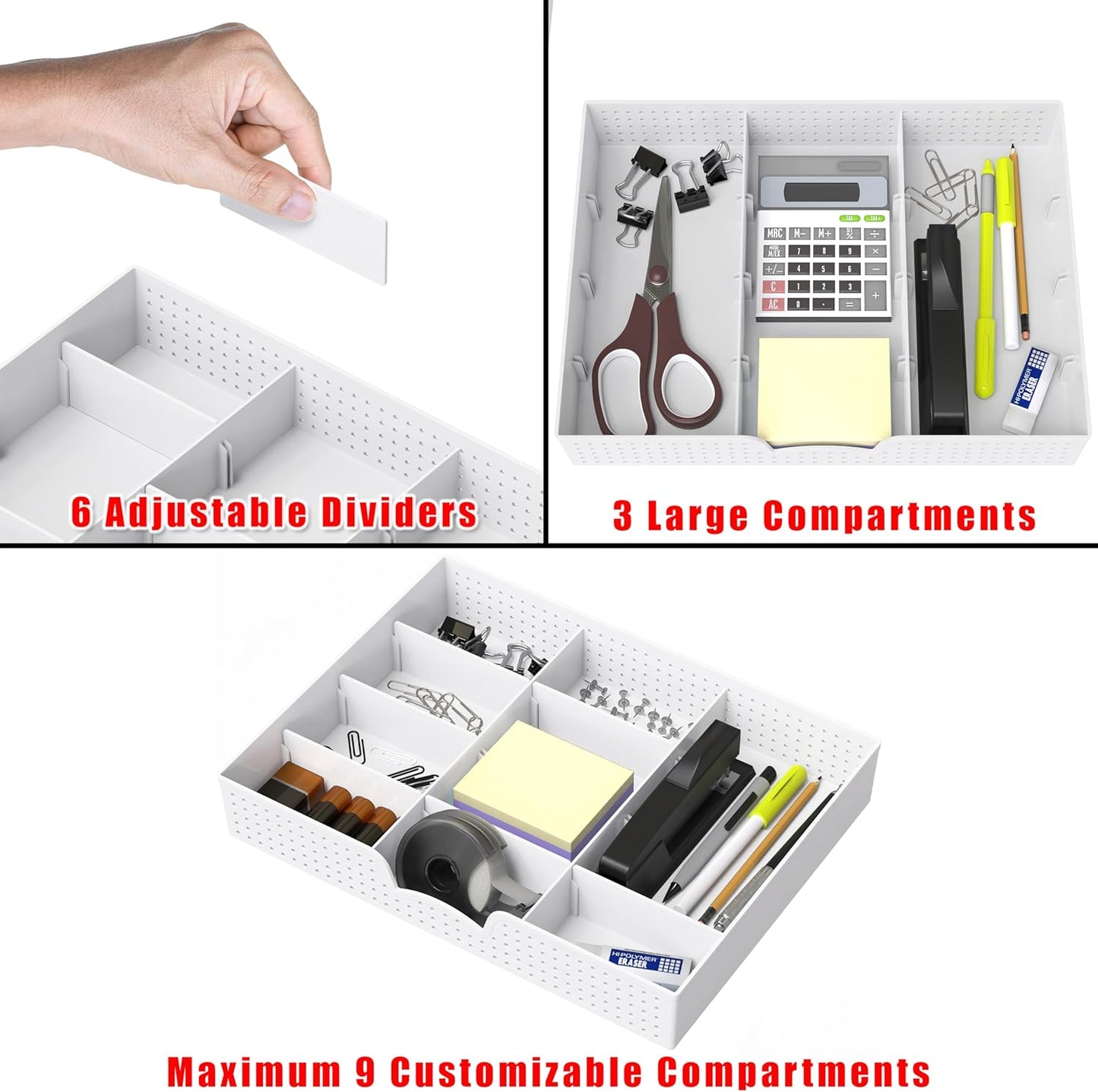 Drawer Organizer Tray with 9 Adjustable Compartments, White