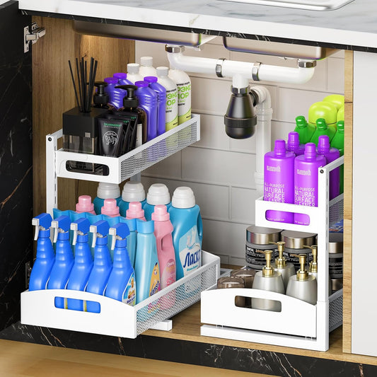 Metal Under Sink Organizer, Pull Out Cabinet Organizer Rack with Silk-Smooth Bottom Drawer