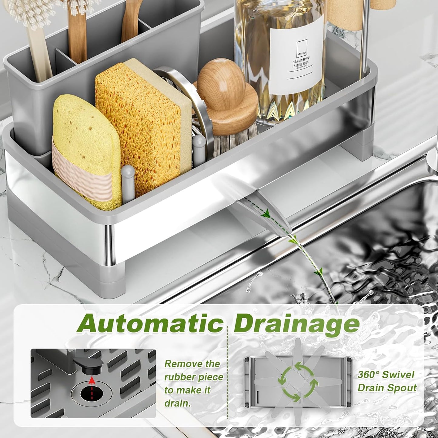 Stainless Steel Sink Caddy, Sponge Holder for Kitchen Sink with Brush Holder Dishcloth Rack