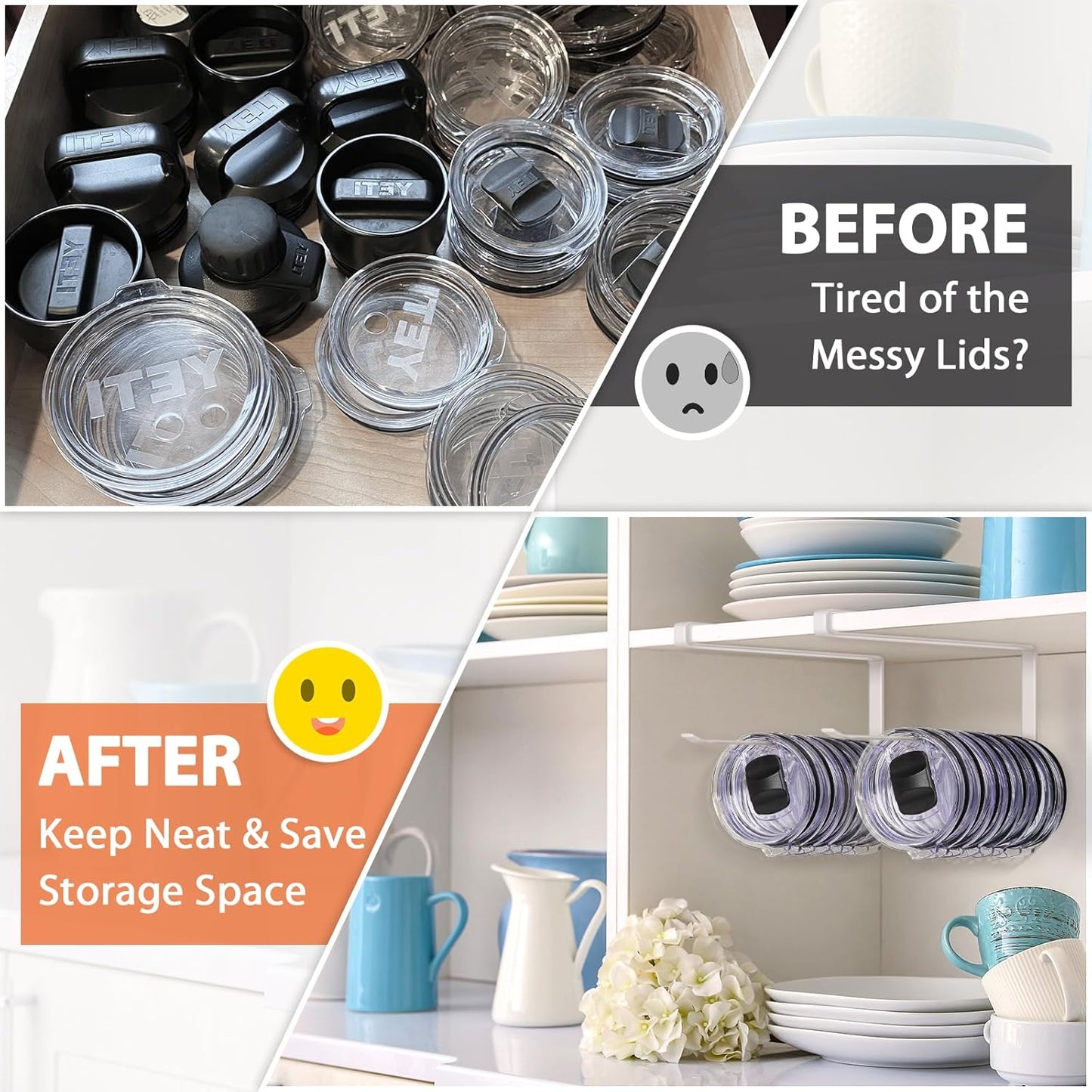 2 Pack Tumbler Lid Organizer, Horizontal Tumbler Lid Storage Hook to Hold Up 20 Lids