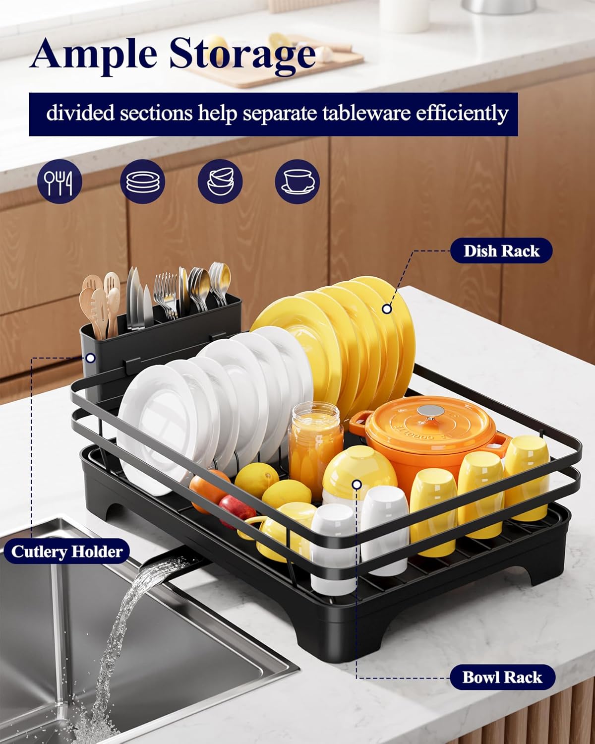 Dish Drying Rack - Multi-Functional Dish Rack for Kitchen Counter with Cutlery Holder