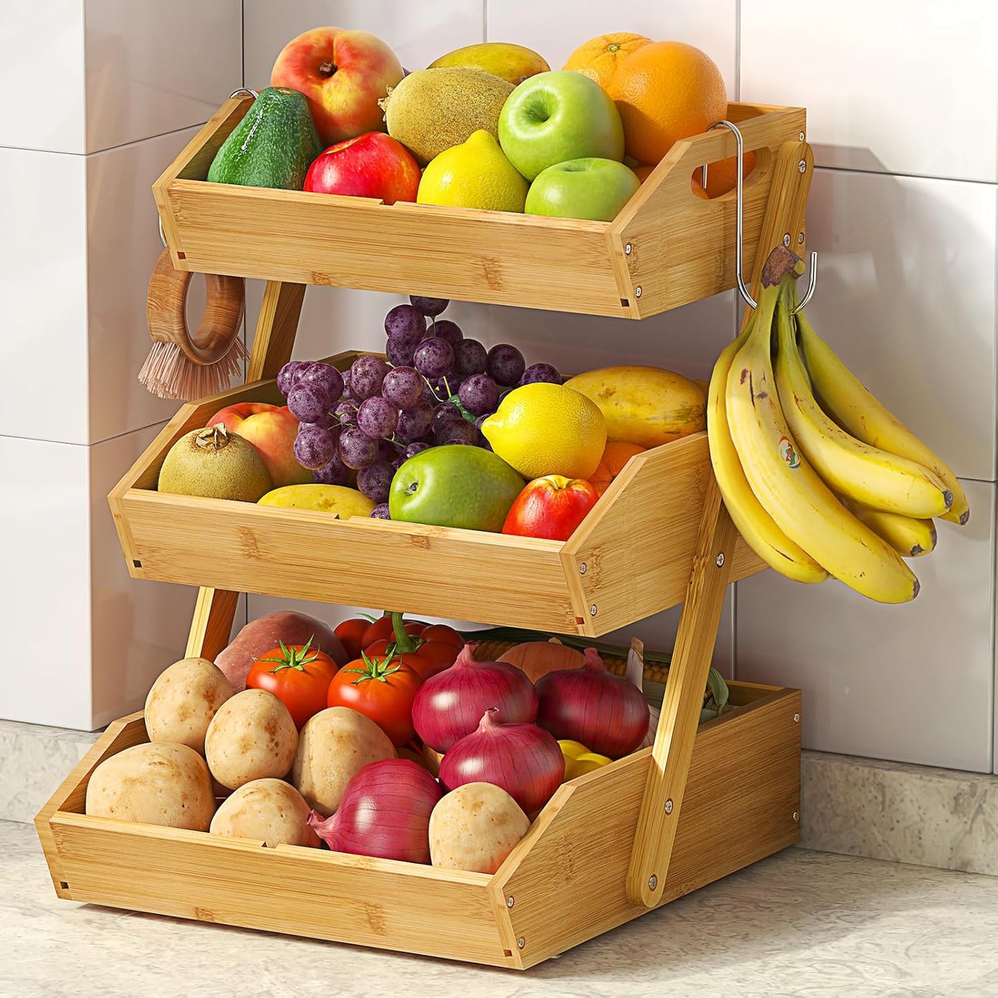 3 Tier Large Bamboo Fruit Basket for Kitchen Counter with 2 Banana Holders