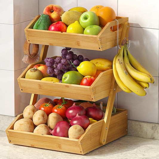 3 Tier Large Bamboo Fruit Basket for Kitchen Counter with 2 Banana Holders
