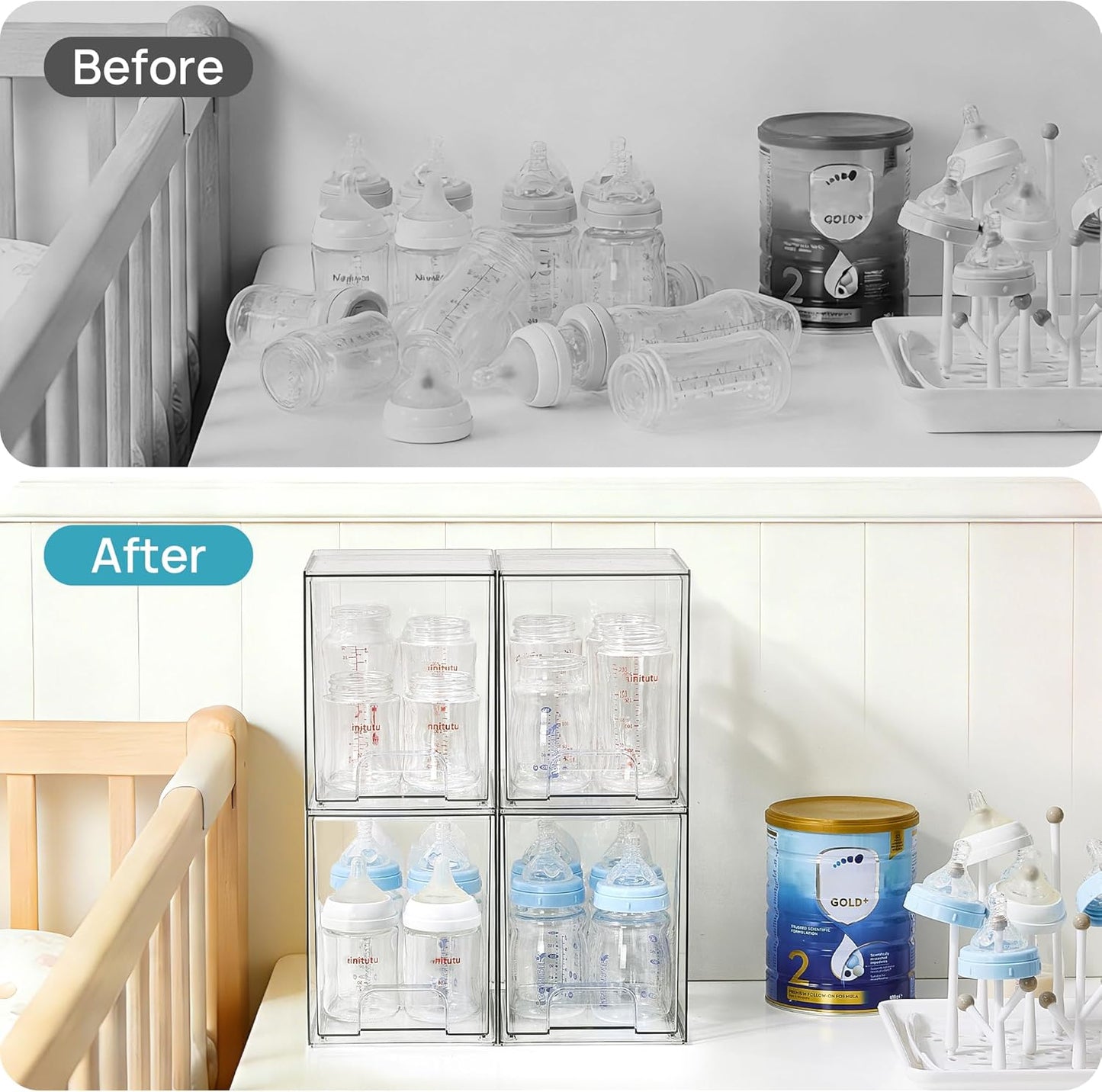 7.6" H Clear Stackable Storage Drawers, 4 Pack Plastic Organizers Bins for Skincare