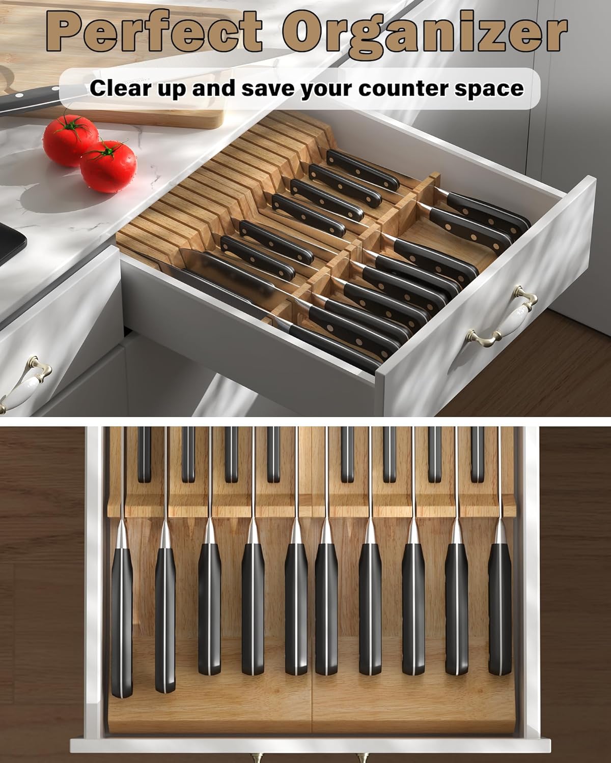 In-Drawer Knife Block Organizer 18-slot, (2pc 9-Slot) Kitchen Knife Cutlery Holder Drawer Storage