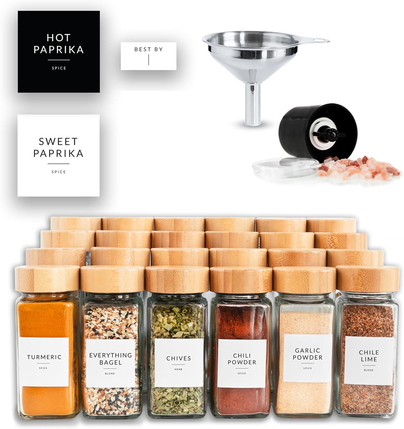 Glass Spice Jars with Label, 24PK Bamboo Jar Spices Set 4oz, 374 Spice Labels, Pepper Grinder