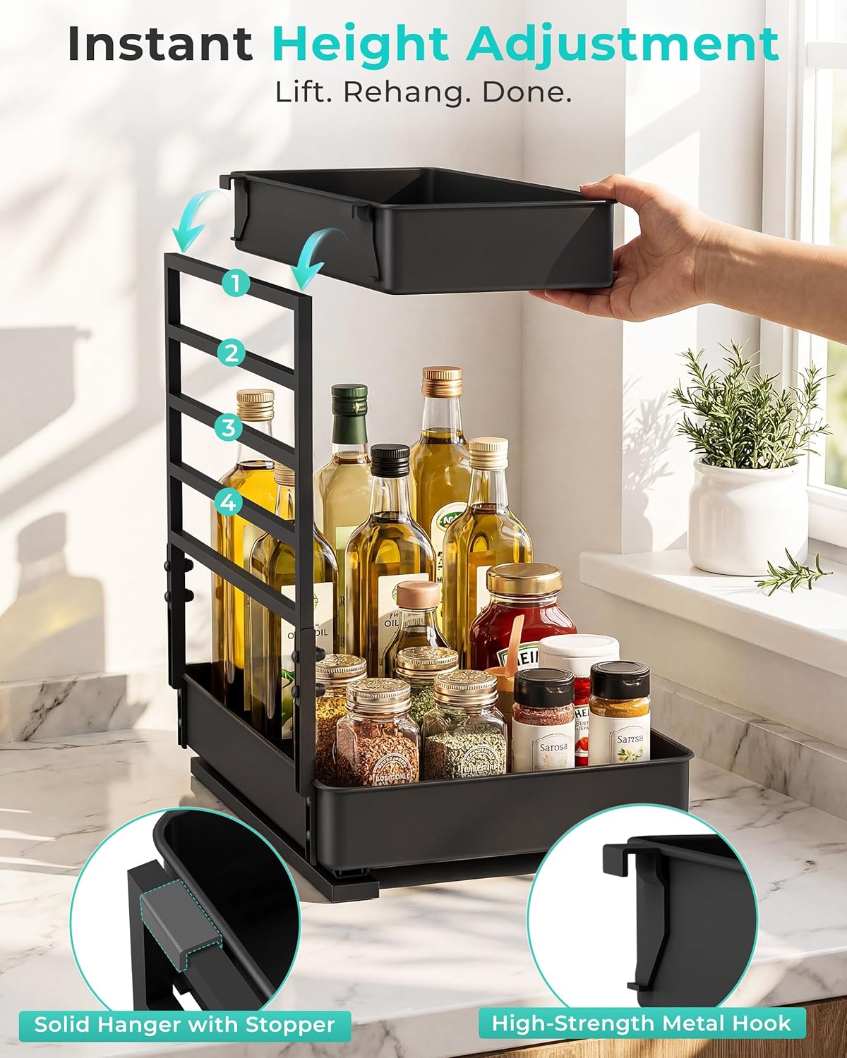 Height Adjustable 2 Tier Metal Pull Out Slide Shelf Organizer for Under Sink Cabinets in Kitchen