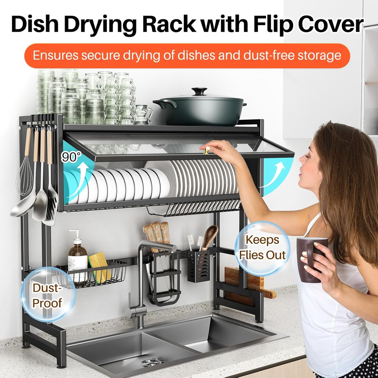 Over The Sink Dish Drainer Drying Rack 3 Tiers with Cover