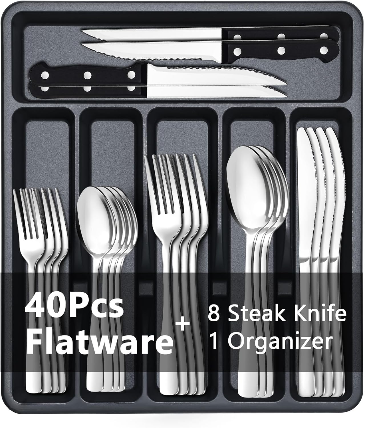 49-Piece Silverware Set with Organizer - Stainless Steel Silverware Set for 8 with Steak Knives and Drawer Organizer, Mirror Polished Flatware Set for Home and Restaurant, Dishwasher Safe