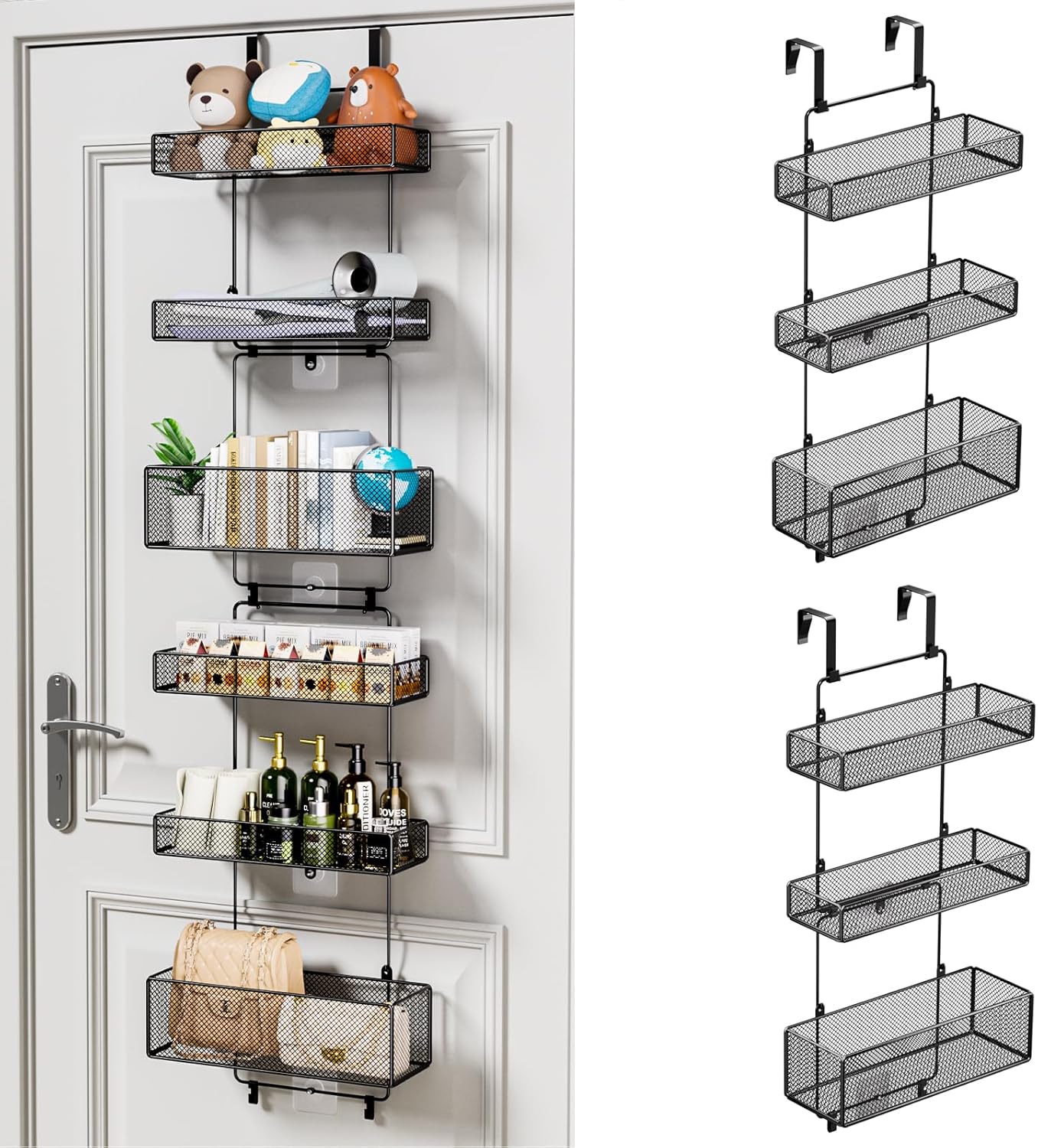 Over Door Organizer Storage - Separable Door Organizer Hanging with 6 Metal Large Capacity Baskets for Bathroom Bedroom Kitchen Pantry Closet (Black)
