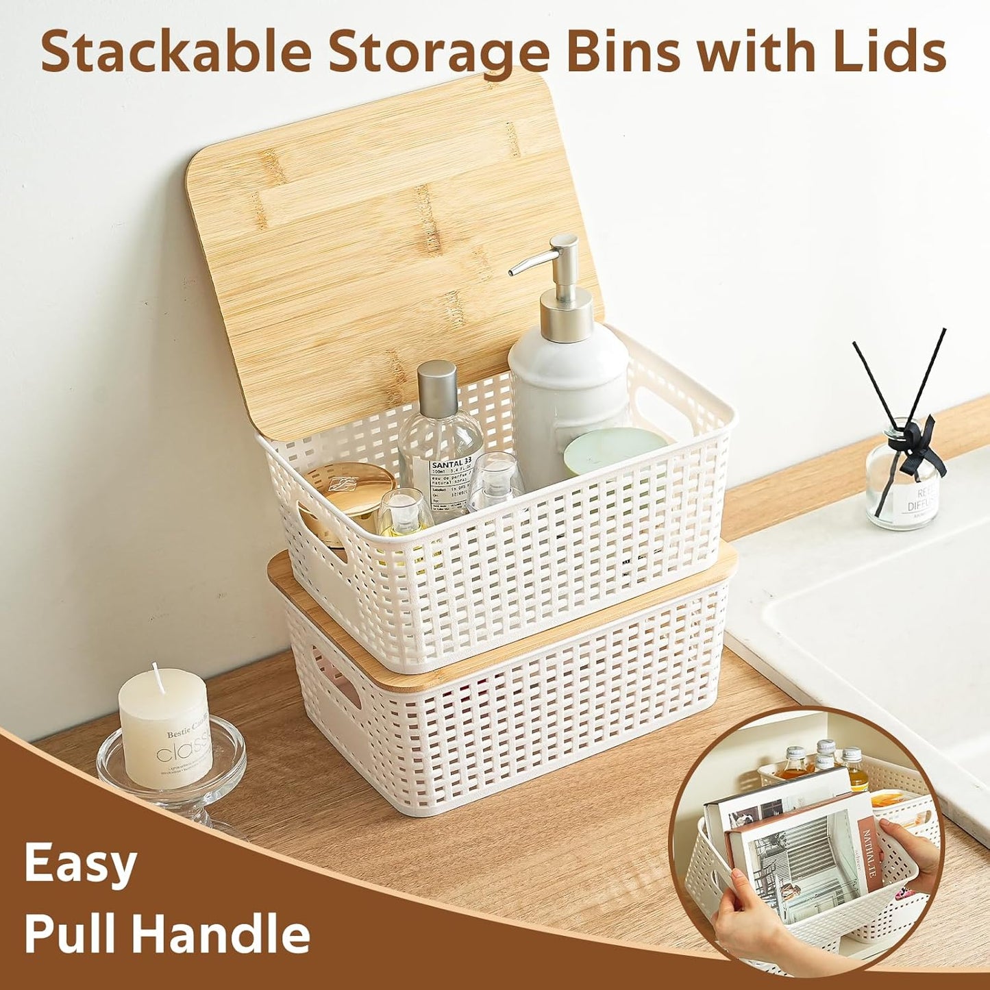 8 Pack Plastic Storage Bins with Bamboo Lids