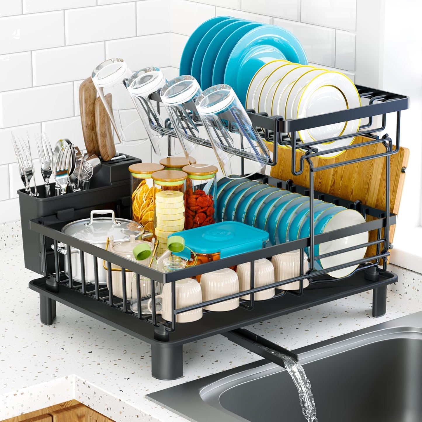 Dish Drying Rack, 2 Tier Dish Racks for Kitchen Counter, Compact Drying Rack Kitchen