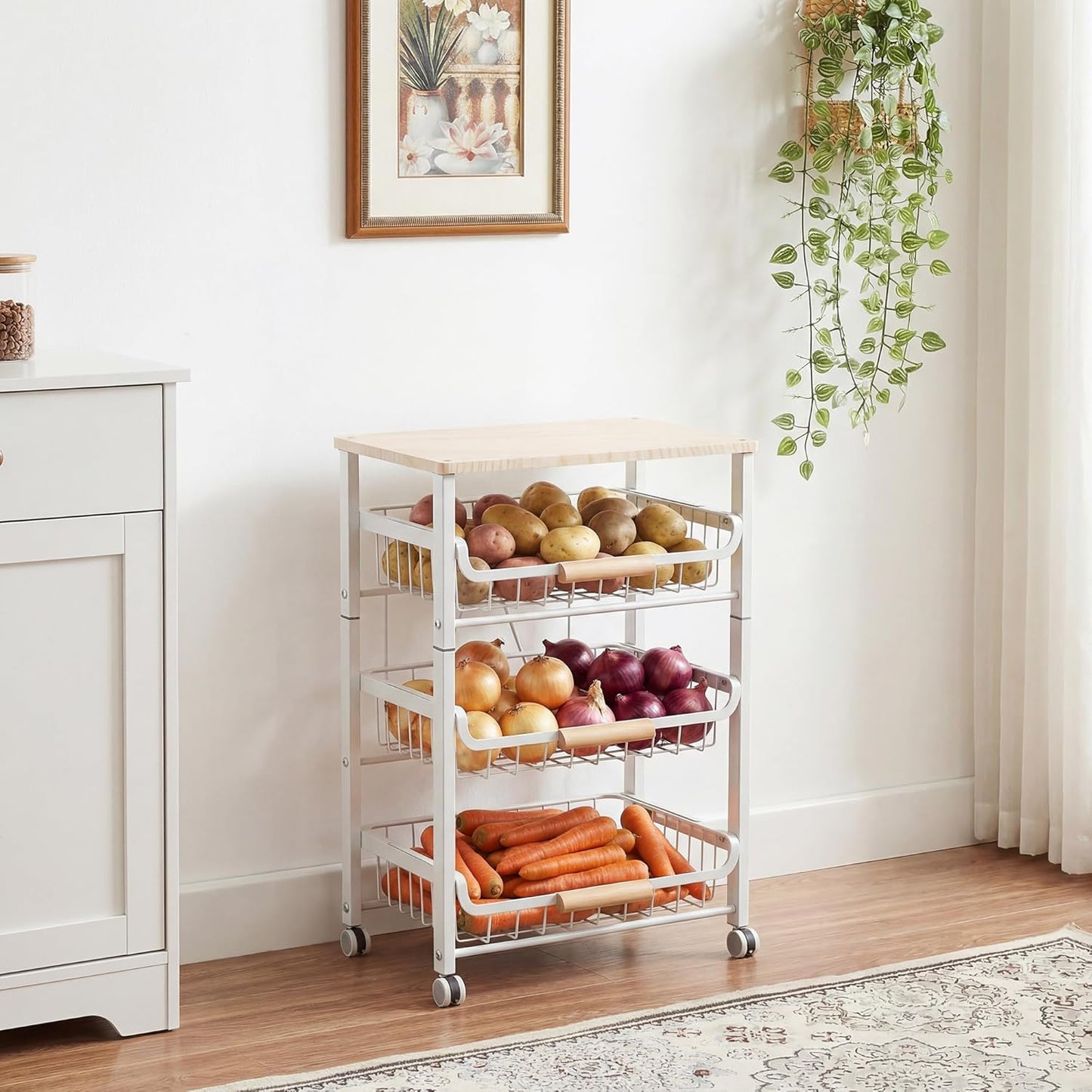 Slide Out Fruit Vegetable Basket for Kitchen, 4-Tier Rolling Storage Cart with Wooden Handle & Top