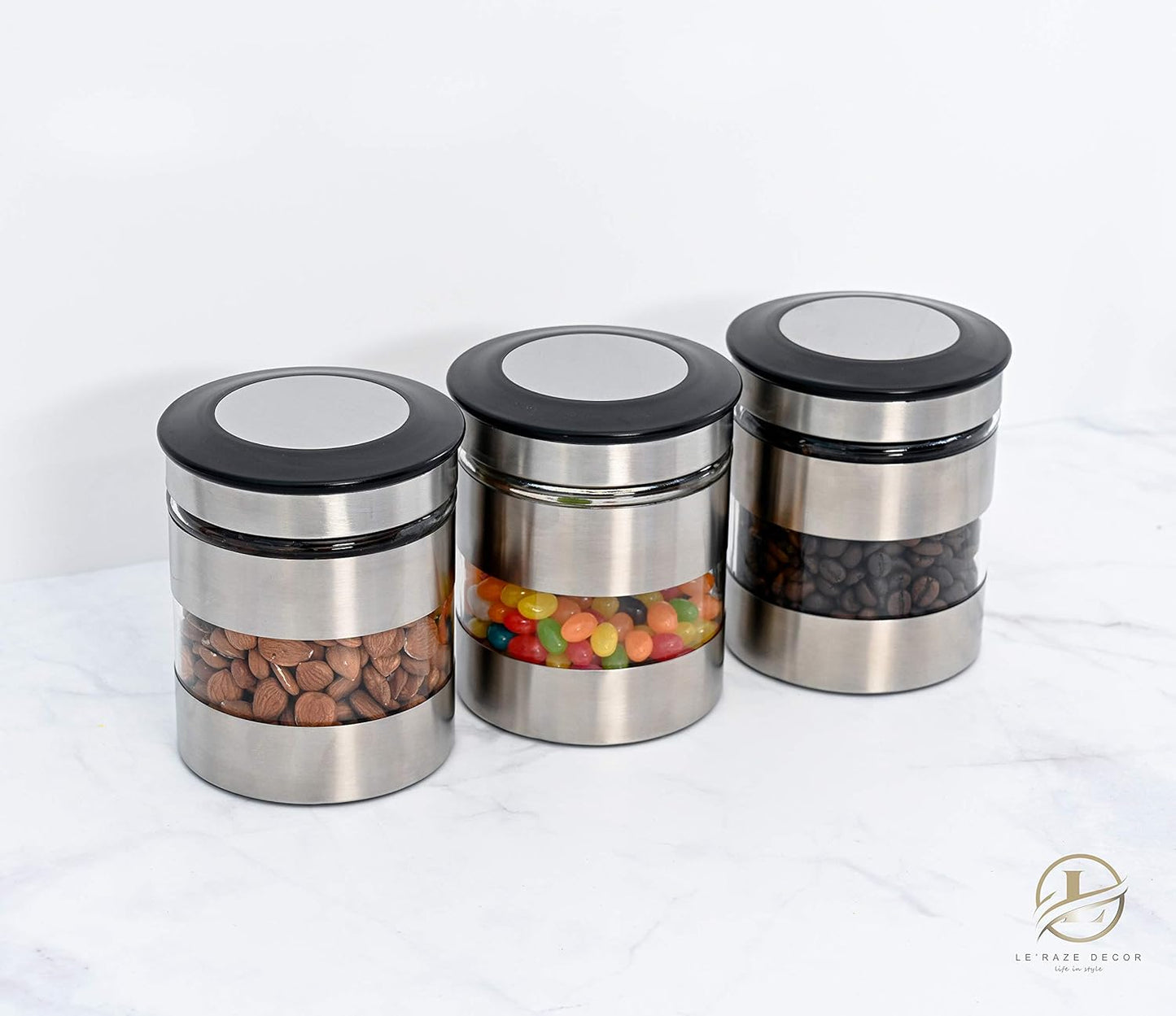 Quality Stainless Steel Canister Set of 3 for Kitchen Counter with Glass Window & Airtight Lid
