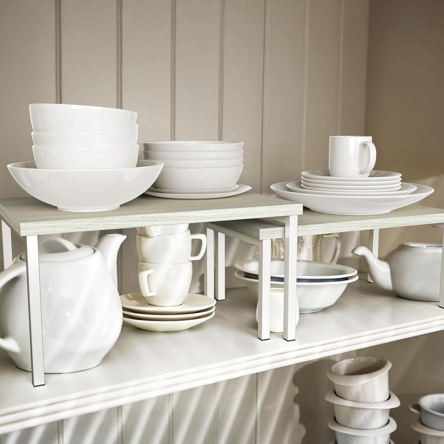 Expandable Stackable Cabinet and Counter Shelf Organizer with Wooden Surface