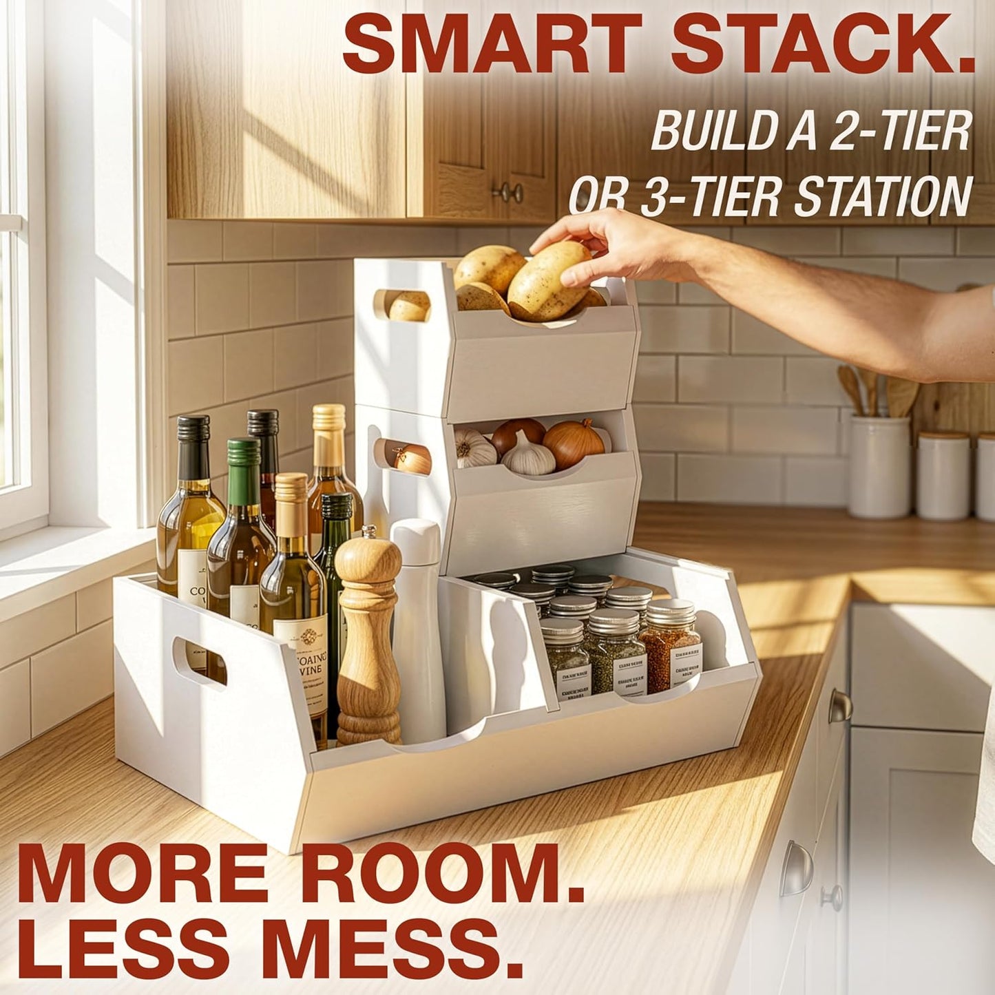 Stackable Solid Wood Storage Bins for Kitchen Pantry & Countertop