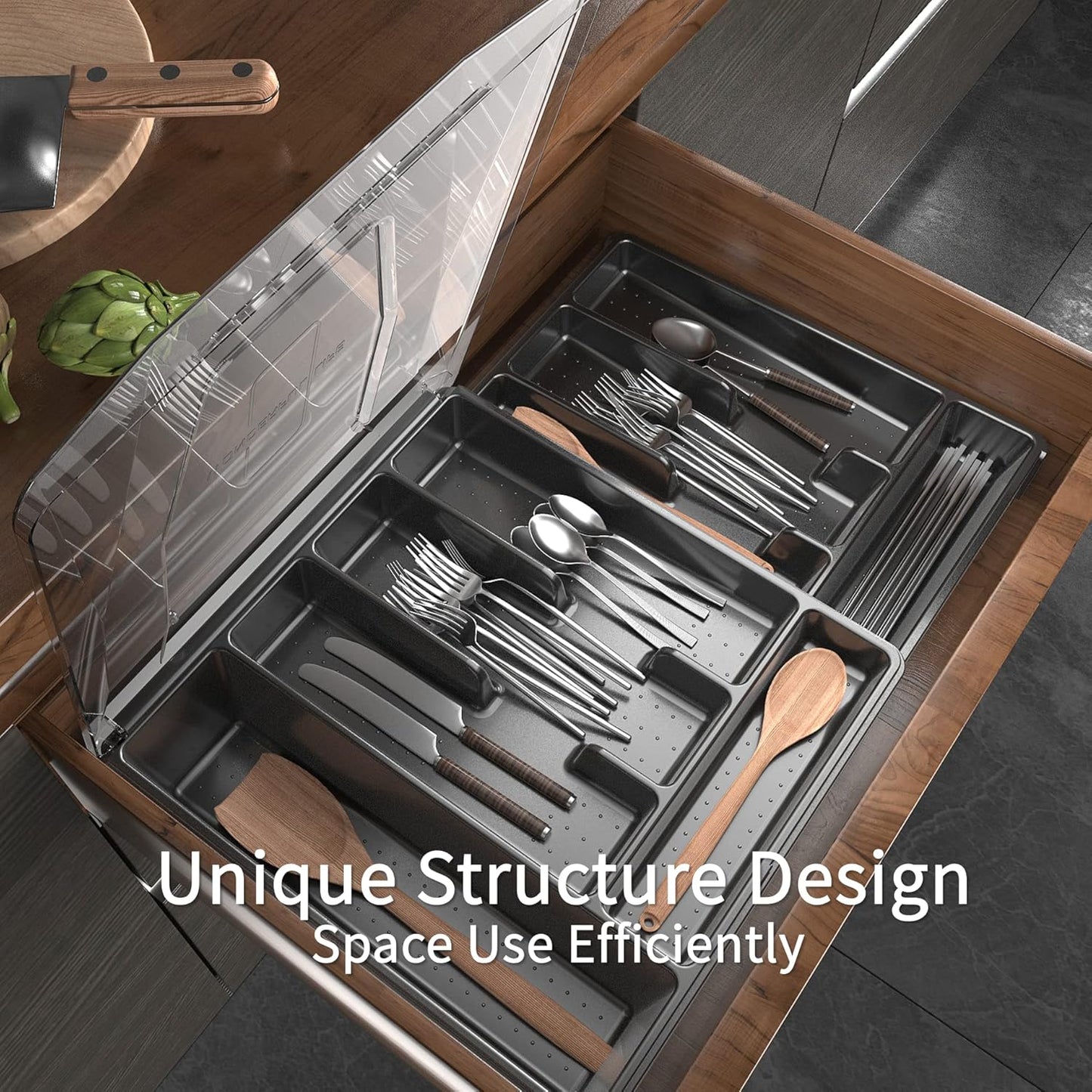 Double Layer Silverware Tray with Lid, Drawer Organizer for Utensil Tray