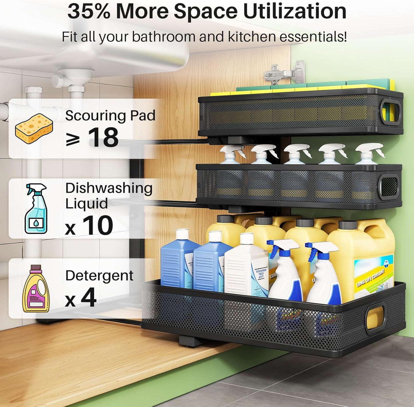 Under Sink Organizer, 2-Pack 3-Tier Height Adjustable Thickened Metal Pull out Cabinet Organizer Shelf, Slide out Storage Drawer Rack for Bathroom Kitchen Pantry Home Laundry Organization