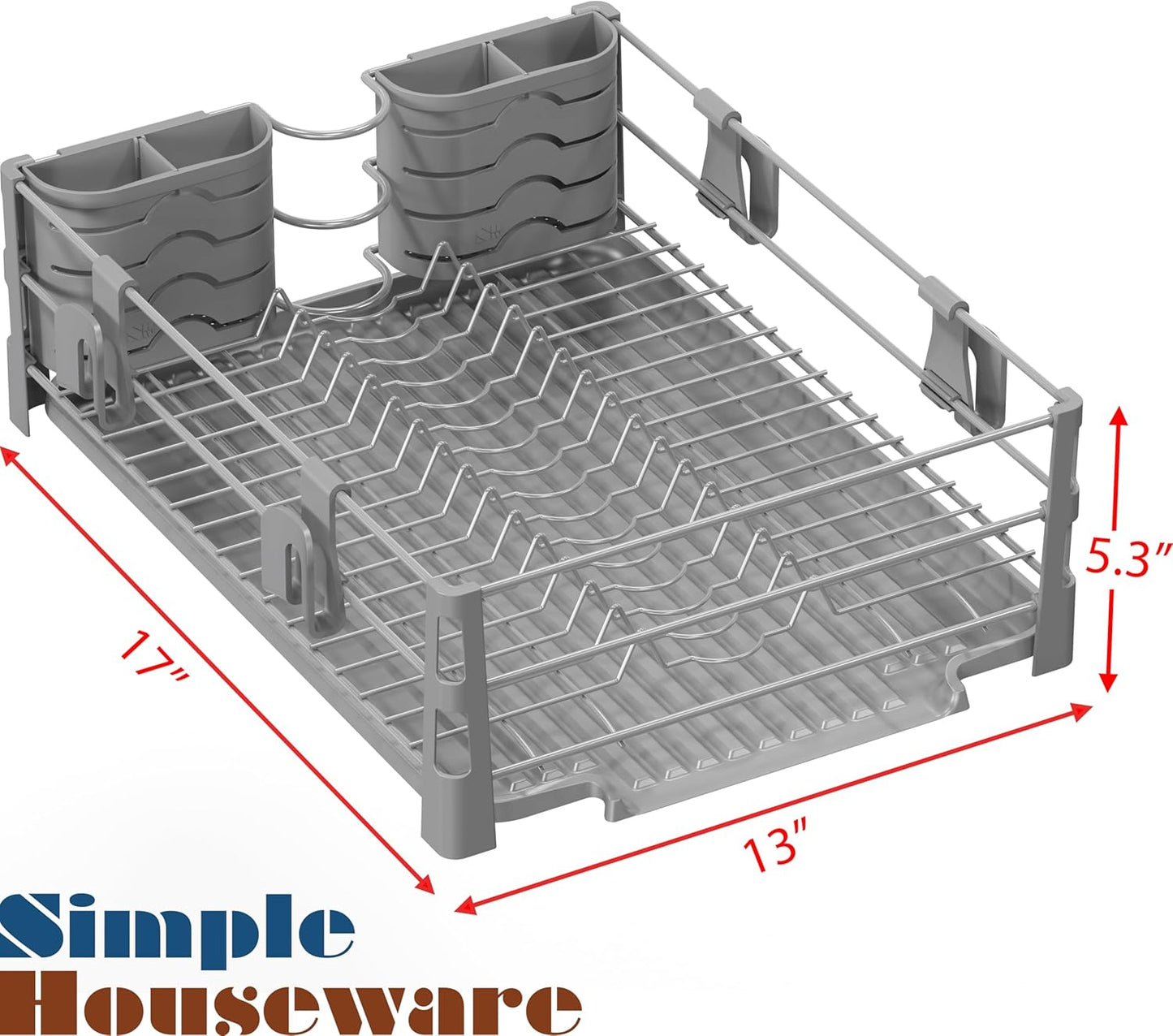 Dish Drying Rack with Drainboard, Utensil Holder & Mug Hooks, Silver Metal Kitchen Counter Organizer