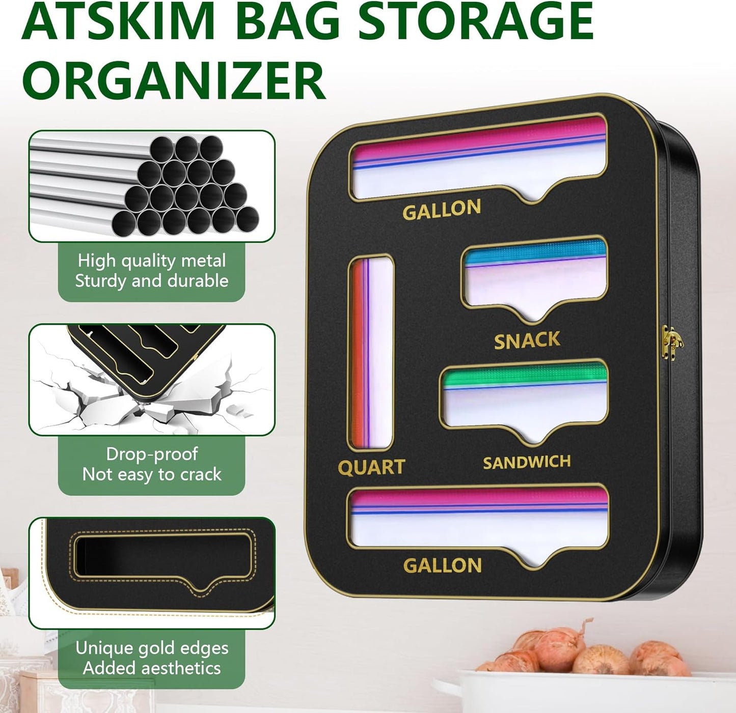 Metal Bag Storage Organizer Kitchen Drawer, Non-Marking Installation of Sandwich Bag Organizer